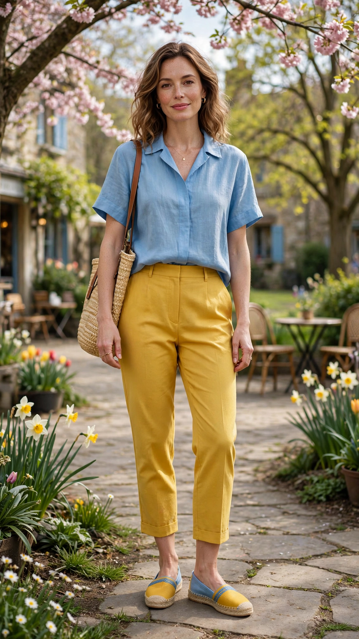 50 Blue and Yellow Colour Block Outfits for April Weekends That Are Fresh, Chic and Easy to Wear 16 Sky Blue and Mustard Blue and Yellow Colour Block Outfit with yellow cropped trousers and espadrilles