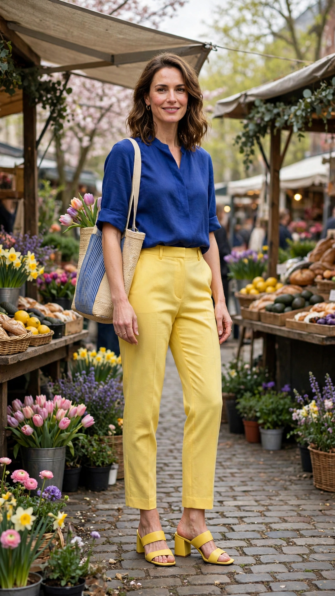 50 Blue and Yellow Colour Block Outfits for April Weekends That Are Fresh, Chic and Easy to Wear 20 Royal Blue and Sunshine Yellow Blue and Yellow Colour Block Outfit with yellow tailored trousers and block-heel sandals