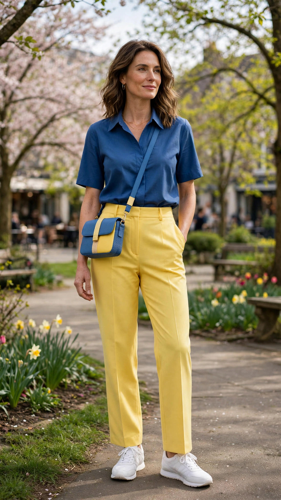 50 Blue and Yellow Colour Block Outfits for April Weekends That Are Fresh, Chic and Easy to Wear 21 Yellow and Blue Blue and Yellow Colour Block Outfit with yellow trousers and white trainers