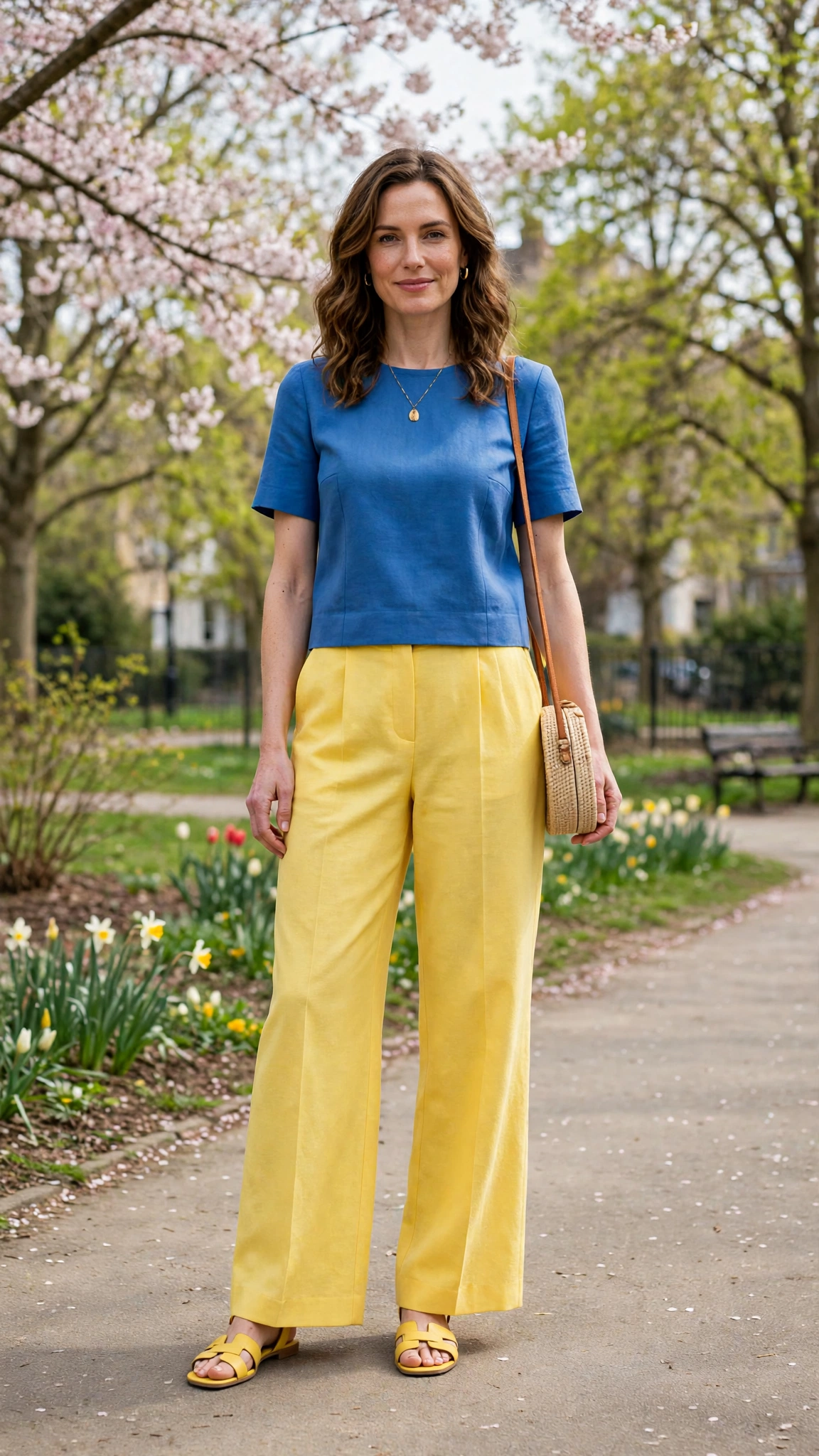 50 Blue and Yellow Colour Block Outfits for April Weekends That Are Fresh, Chic and Easy to Wear 22 Blue and Yellow Blue and Yellow Colour Block Outfit with yellow wide-leg trousers and sandals