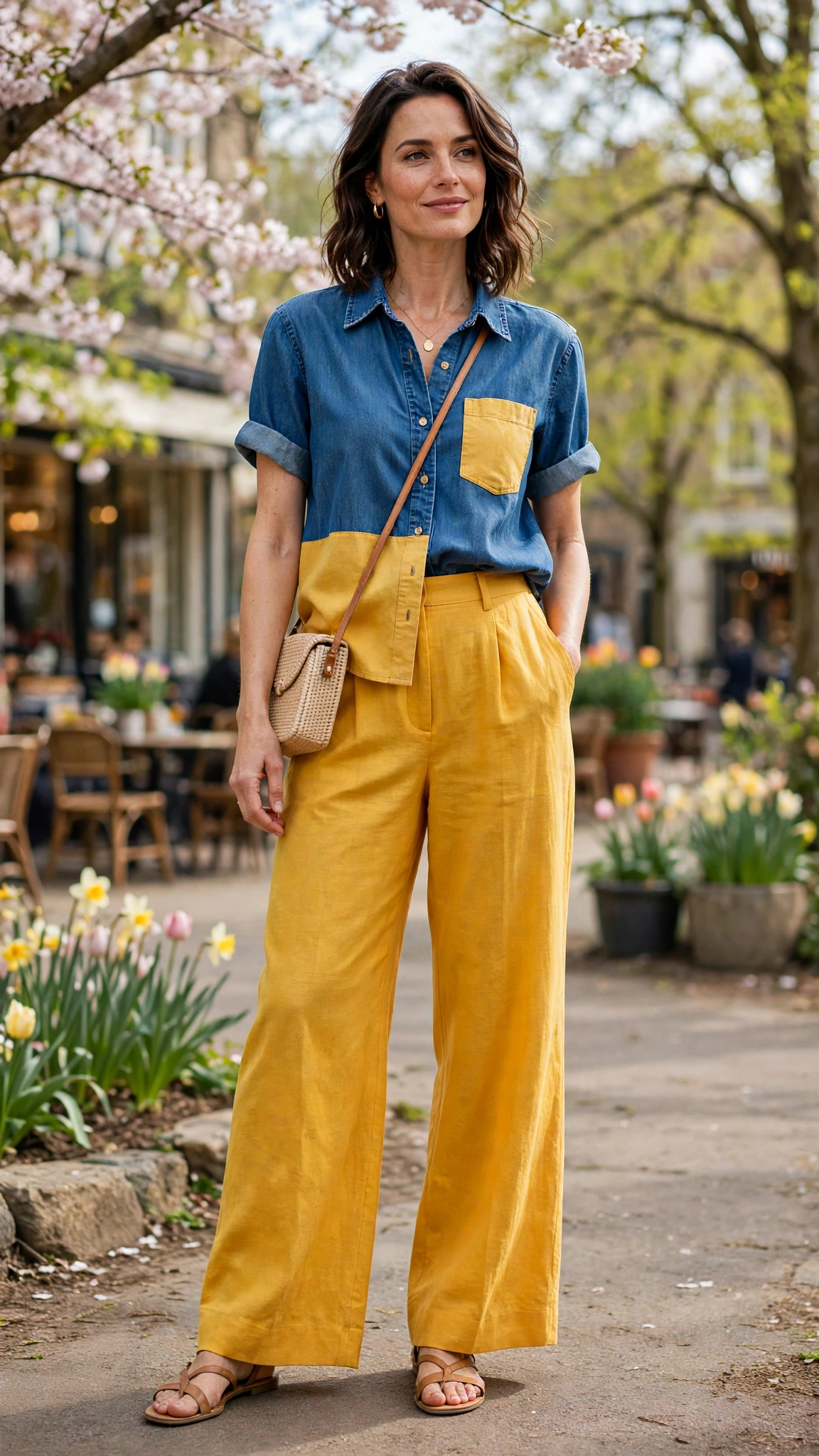 50 Blue and Yellow Colour Block Outfits for April Weekends That Are Fresh, Chic and Easy to Wear 23 Denim Blue and Saffron Blue and Yellow Colour Block Outfit with yellow wide-leg trousers and sandals