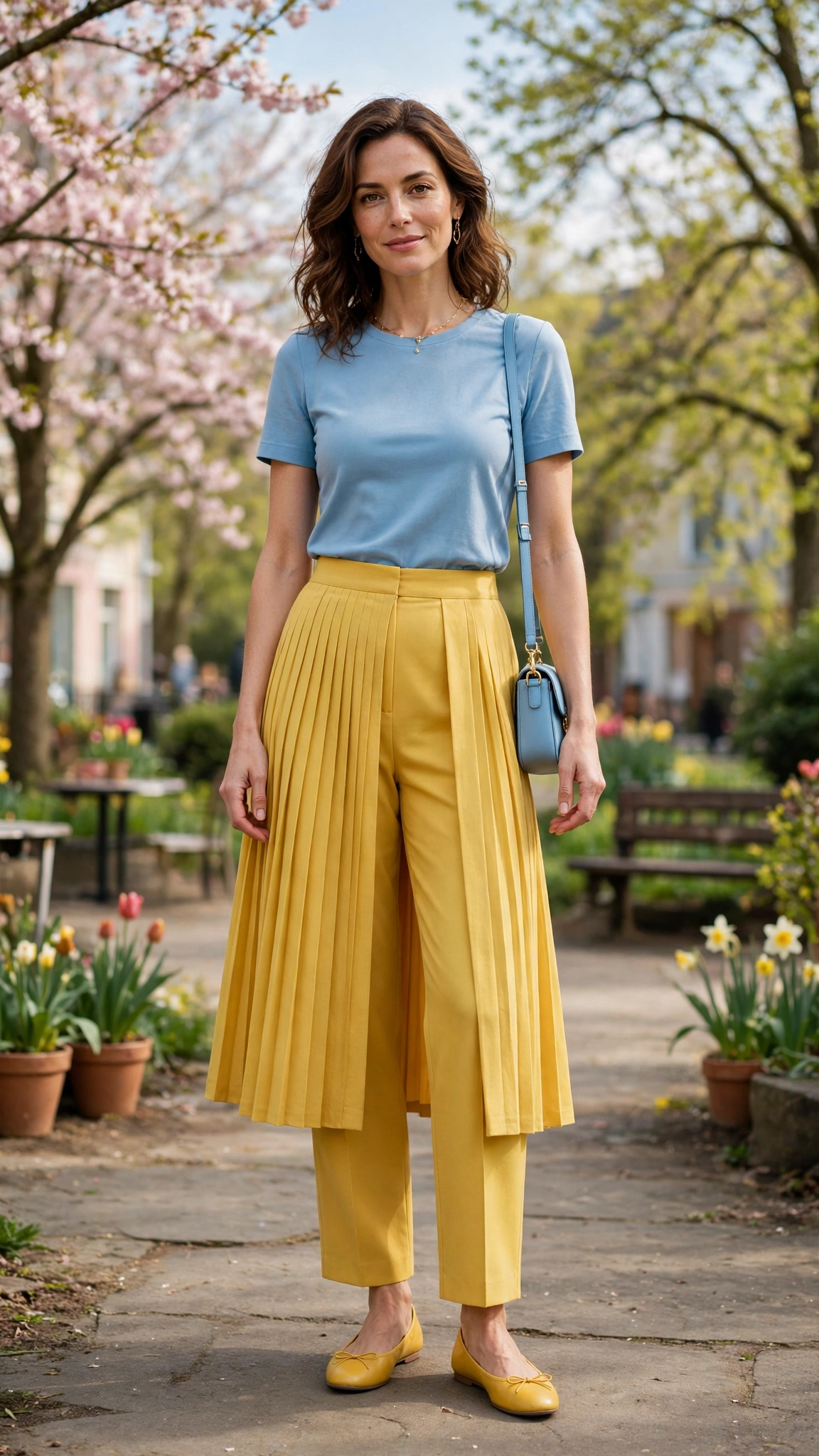 50 Blue and Yellow Colour Block Outfits for April Weekends That Are Fresh, Chic and Easy to Wear 26 Sky Blue and Mustard Blue and Yellow Colour Block Outfit with a yellow midi skirt and ballet flats