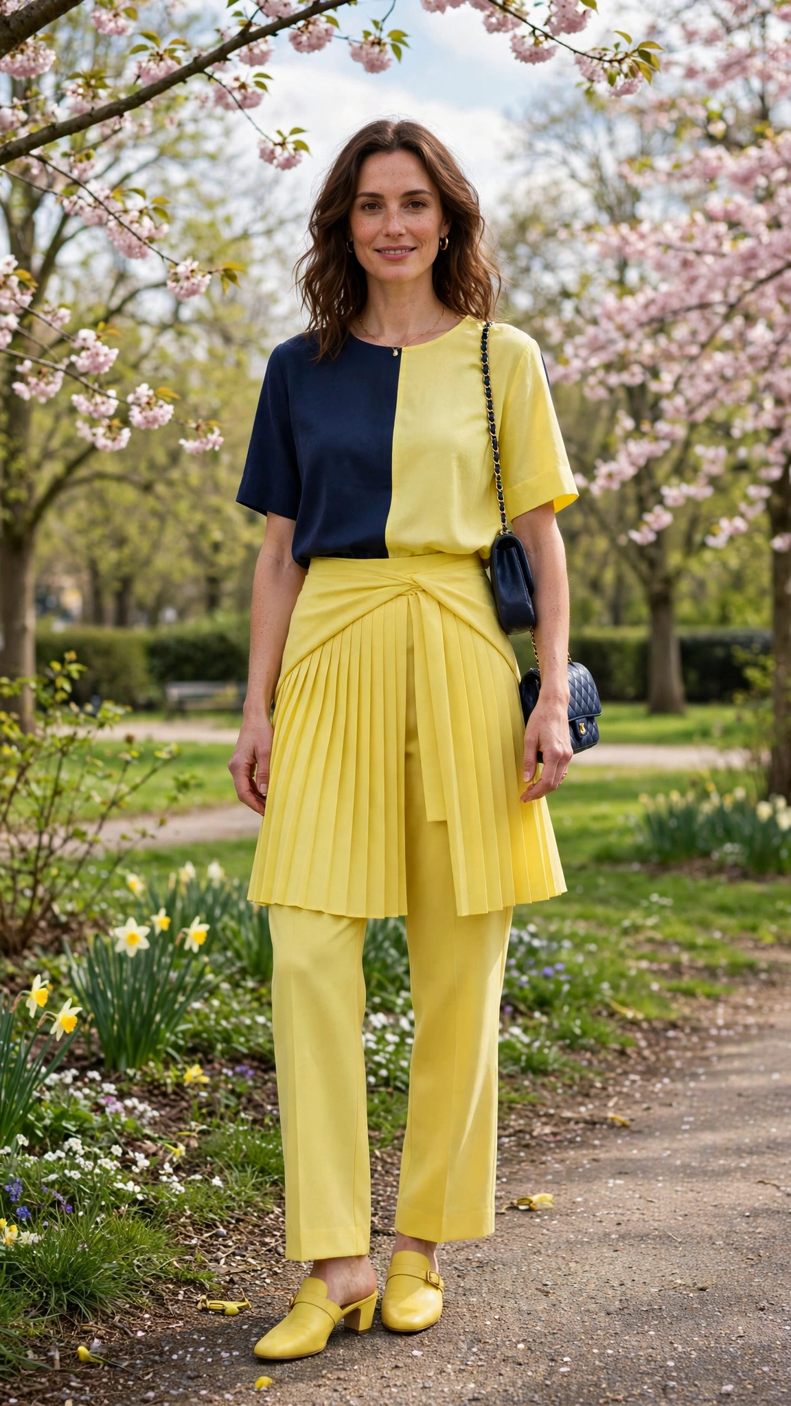 50 Blue and Yellow Colour Block Outfits for April Weekends That Are Fresh, Chic and Easy to Wear 27 Navy and Lemon Blue and Yellow Colour Block Outfit with a yellow pleated skirt and mules