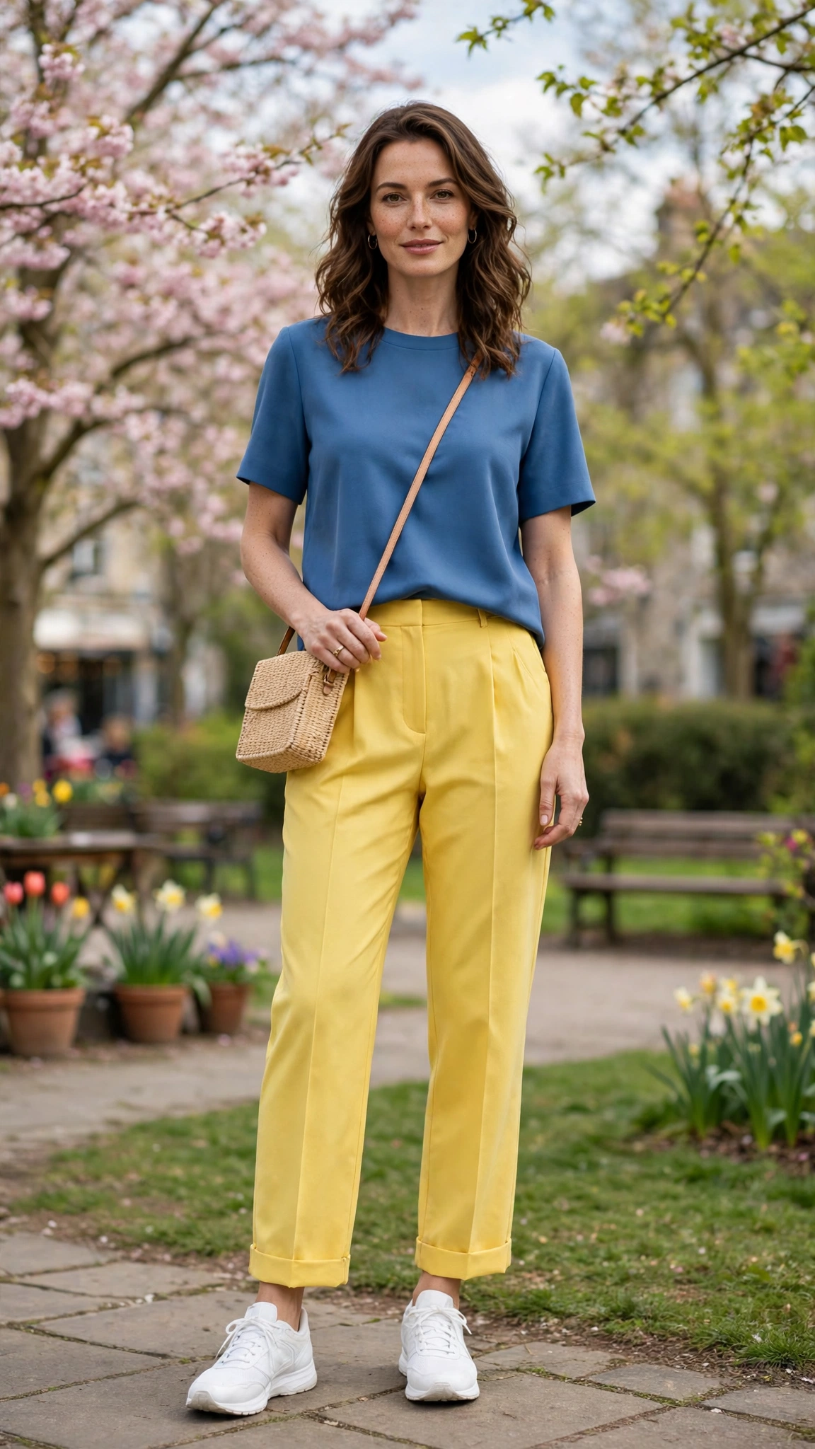50 Blue and Yellow Colour Block Outfits for April Weekends That Are Fresh, Chic and Easy to Wear 28 Blue and Yellow Blue and Yellow Colour Block Outfit with yellow trousers and white trainers