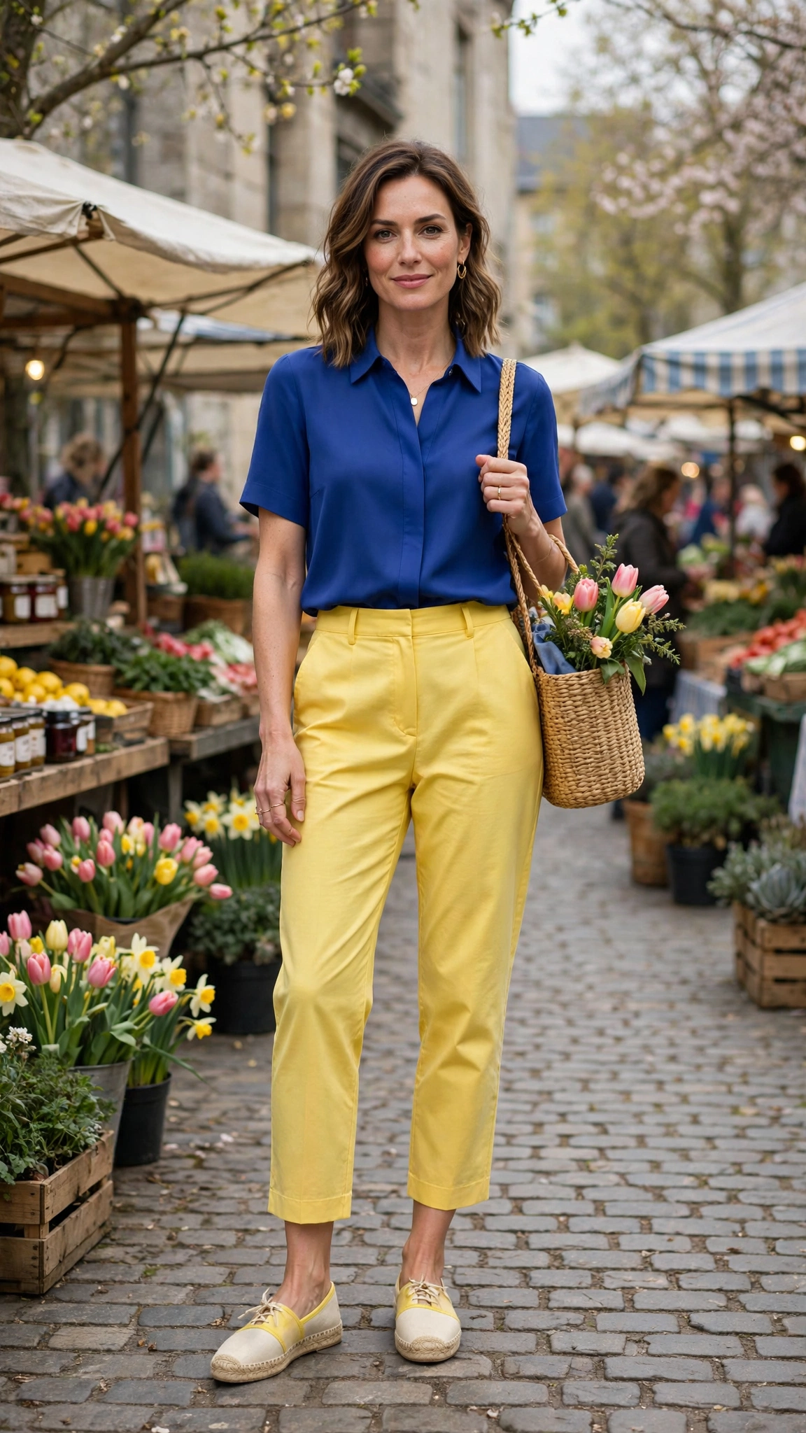 50 Blue and Yellow Colour Block Outfits for April Weekends That Are Fresh, Chic and Easy to Wear 30 Royal Blue and Sunshine Yellow Blue and Yellow Colour Block Outfit with yellow cropped trousers and espadrilles