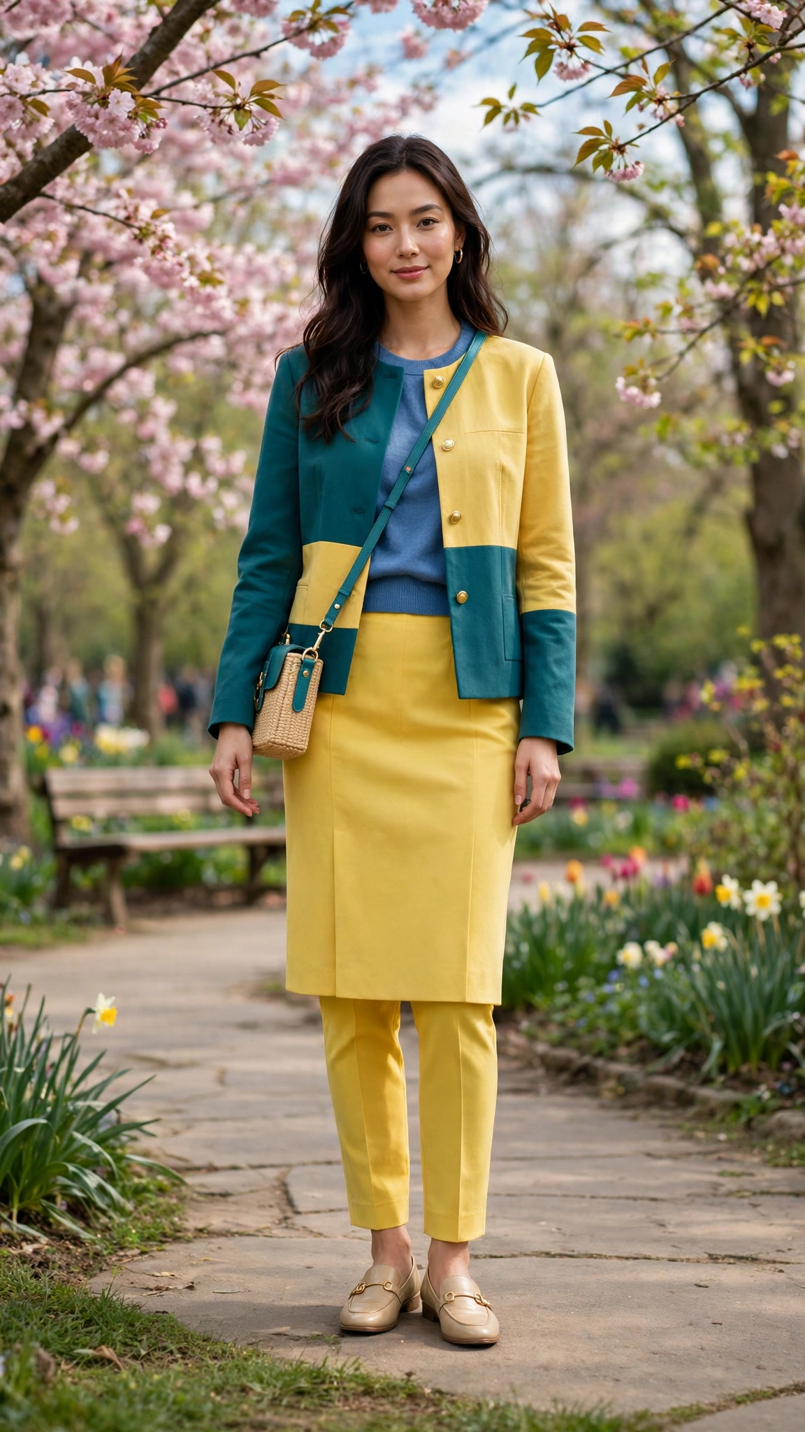 50 Blue and Yellow Colour Block Outfits for April Weekends That Are Fresh, Chic and Easy to Wear 31 Teal and Gold Yellow Blue and Yellow Colour Block Outfit with a yellow pencil skirt and loafers