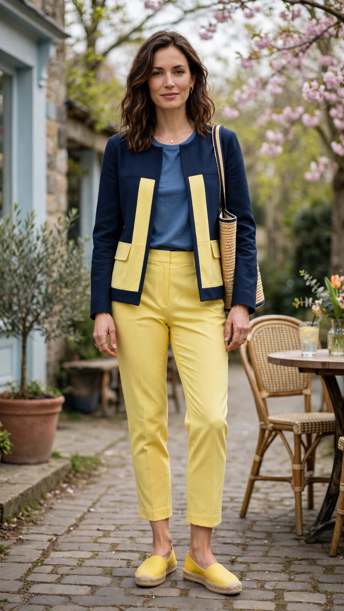 50 Blue and Yellow Colour Block Outfits for April Weekends That Are Fresh, Chic and Easy to Wear 33 Navy and Lemon Blue and Yellow Colour Block Outfit with yellow cropped trousers and espadrilles