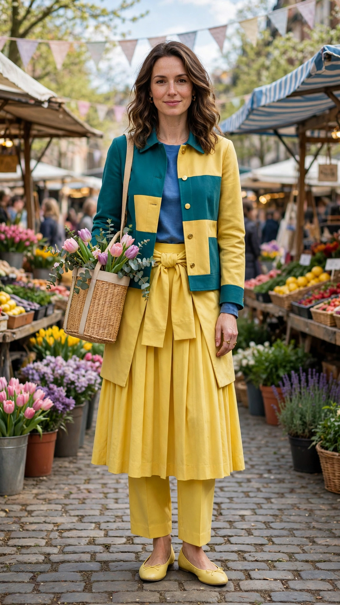 50 Blue and Yellow Colour Block Outfits for April Weekends That Are Fresh, Chic and Easy to Wear 35 Teal and Gold Yellow Blue and Yellow Colour Block Outfit with a yellow midi skirt and ballet flats