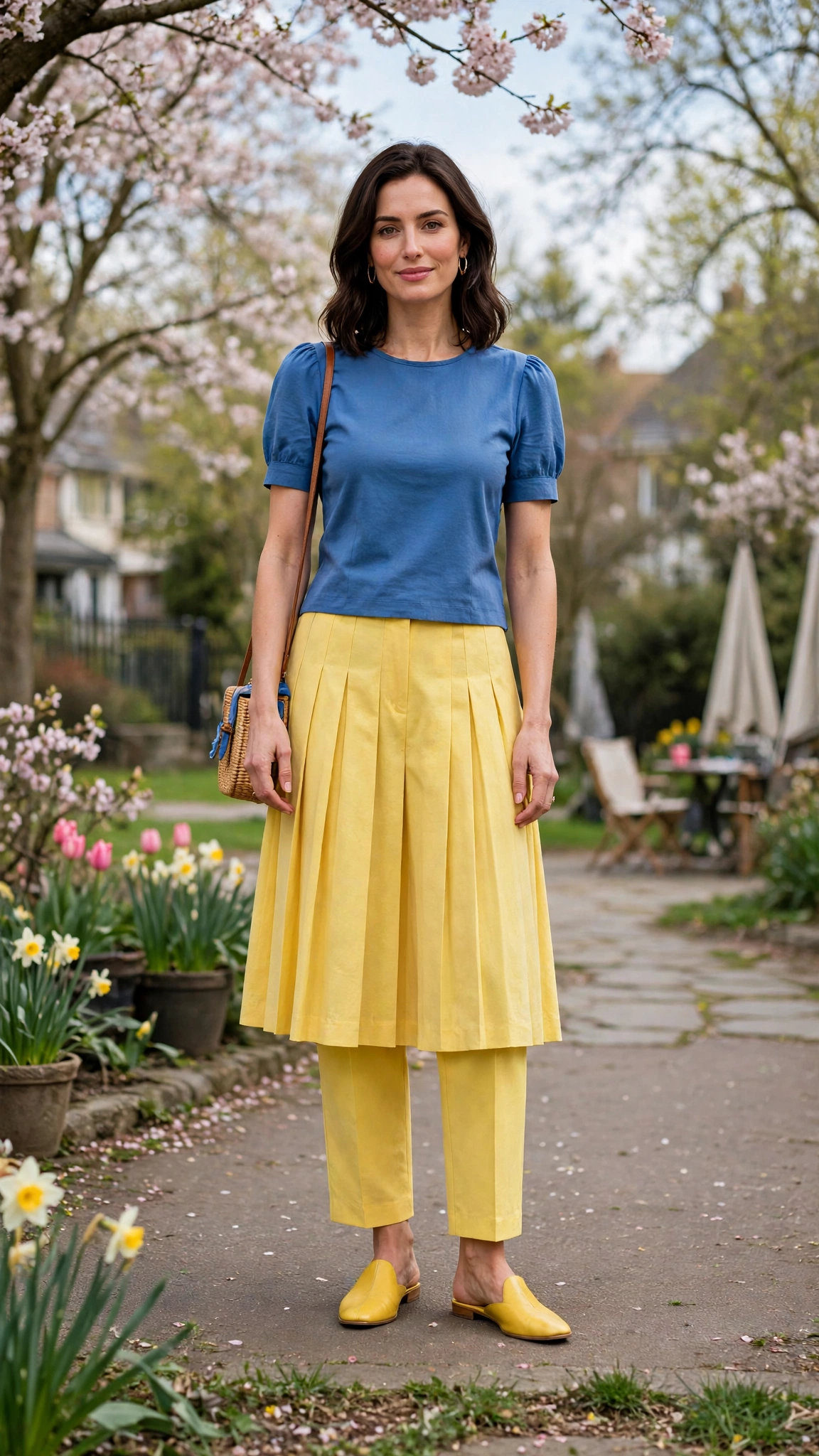 50 Blue and Yellow Colour Block Outfits for April Weekends That Are Fresh, Chic and Easy to Wear 36 Yellow and Blue Blue and Yellow Colour Block Outfit with a yellow pleated skirt and mules