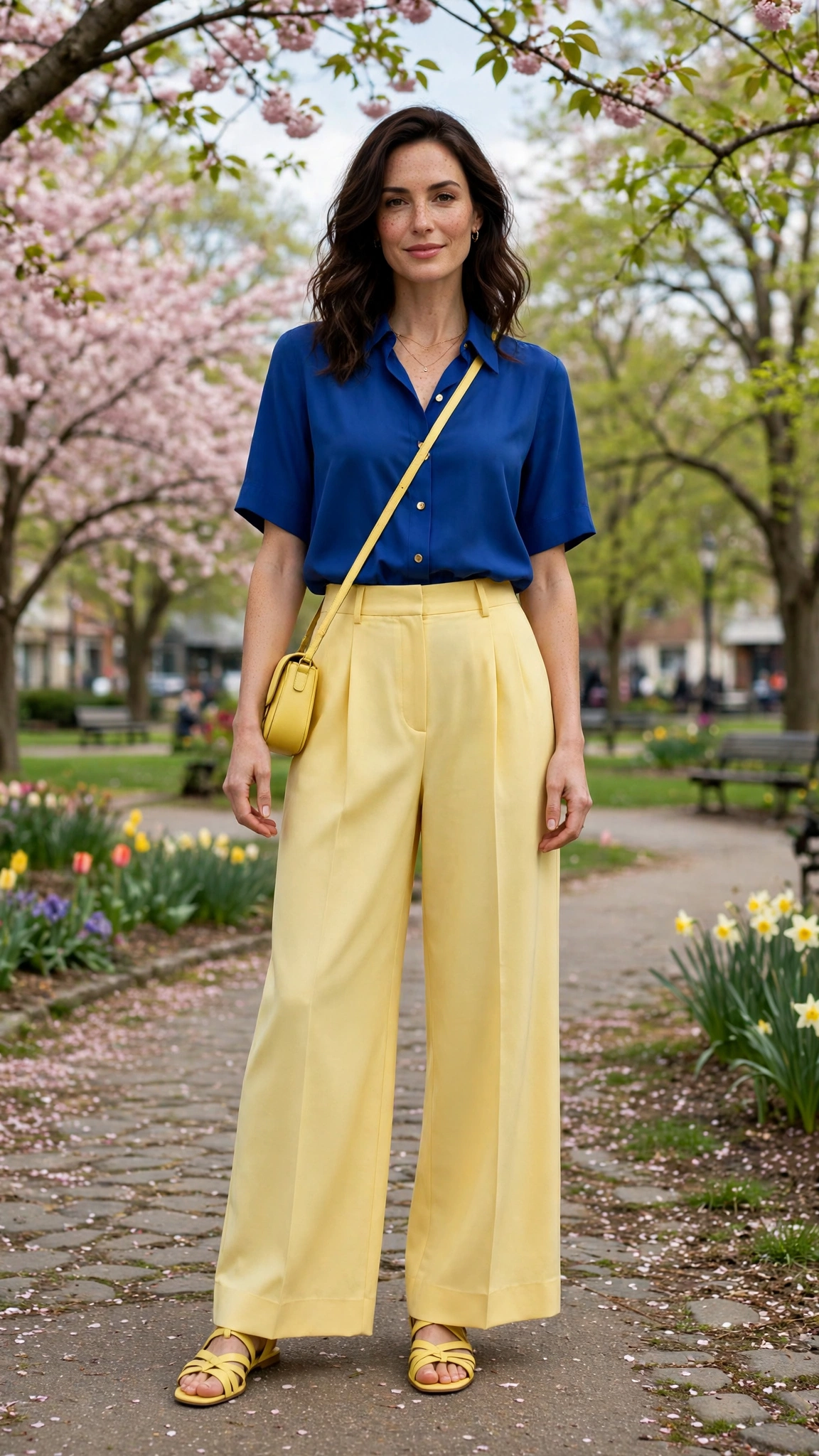 50 Blue and Yellow Colour Block Outfits for April Weekends That Are Fresh, Chic and Easy to Wear 37 Cobalt and Butter Yellow Blue and Yellow Colour Block Outfit with yellow wide-leg trousers and sandals
