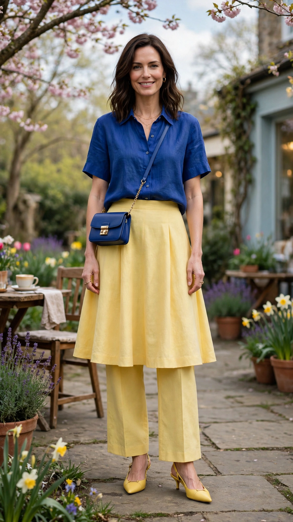 50 Blue and Yellow Colour Block Outfits for April Weekends That Are Fresh, Chic and Easy to Wear 38 Cobalt and Butter Yellow Blue and Yellow Colour Block Outfit with a yellow A-line skirt and slingbacks