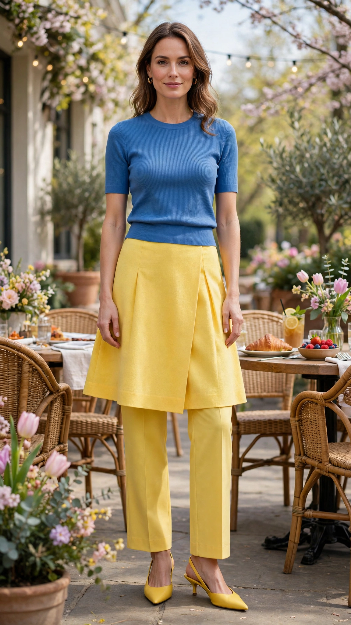 50 Blue and Yellow Colour Block Outfits for April Weekends That Are Fresh, Chic and Easy to Wear 39 Blue and Yellow Blue and Yellow Colour Block Outfit with a yellow A-line skirt and slingbacks