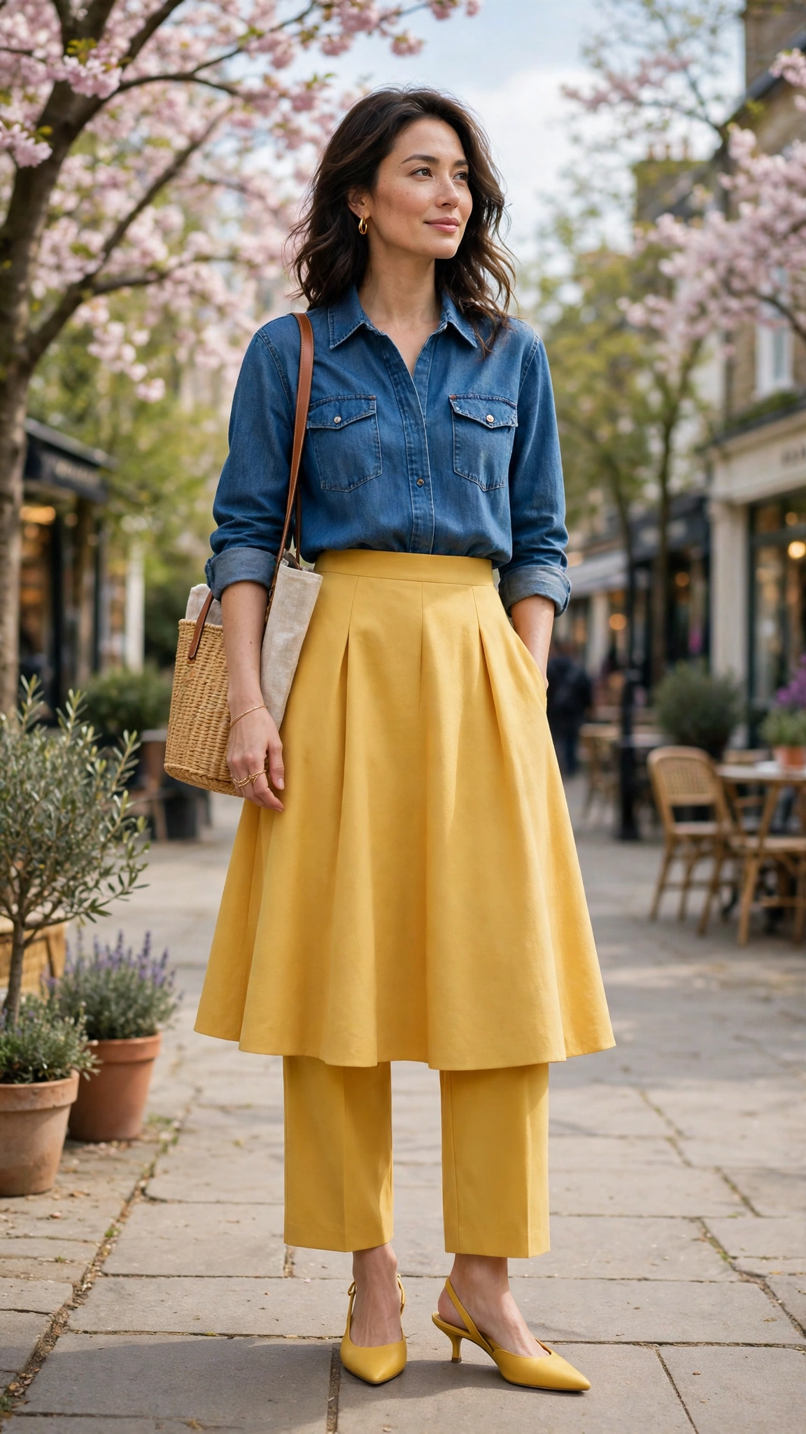 50 Blue and Yellow Colour Block Outfits for April Weekends That Are Fresh, Chic and Easy to Wear 41 Denim Blue and Saffron Blue and Yellow Colour Block Outfit with a yellow A-line skirt and slingbacks
