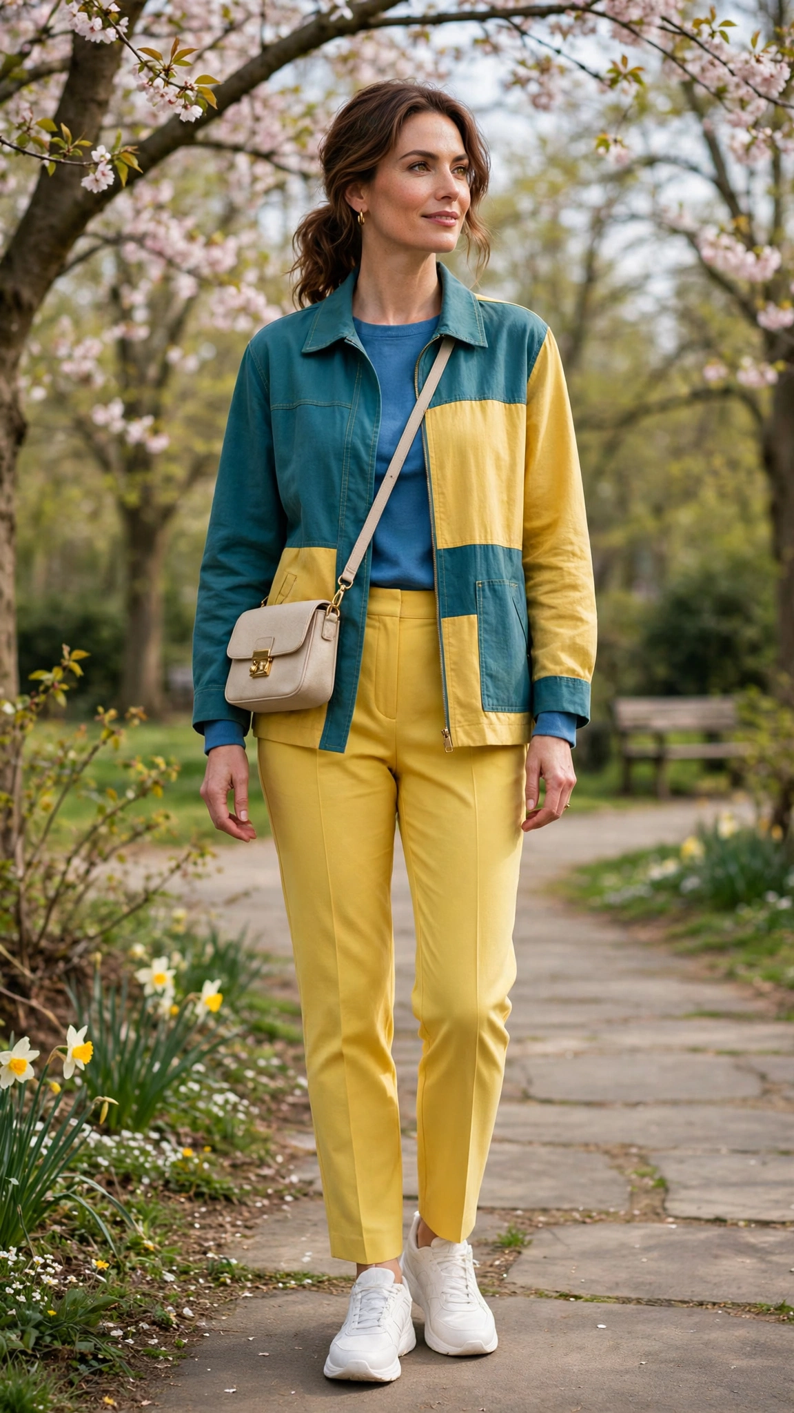 50 Blue and Yellow Colour Block Outfits for April Weekends That Are Fresh, Chic and Easy to Wear 42 Teal and Gold Yellow Blue and Yellow Colour Block Outfit with yellow trousers and white trainers