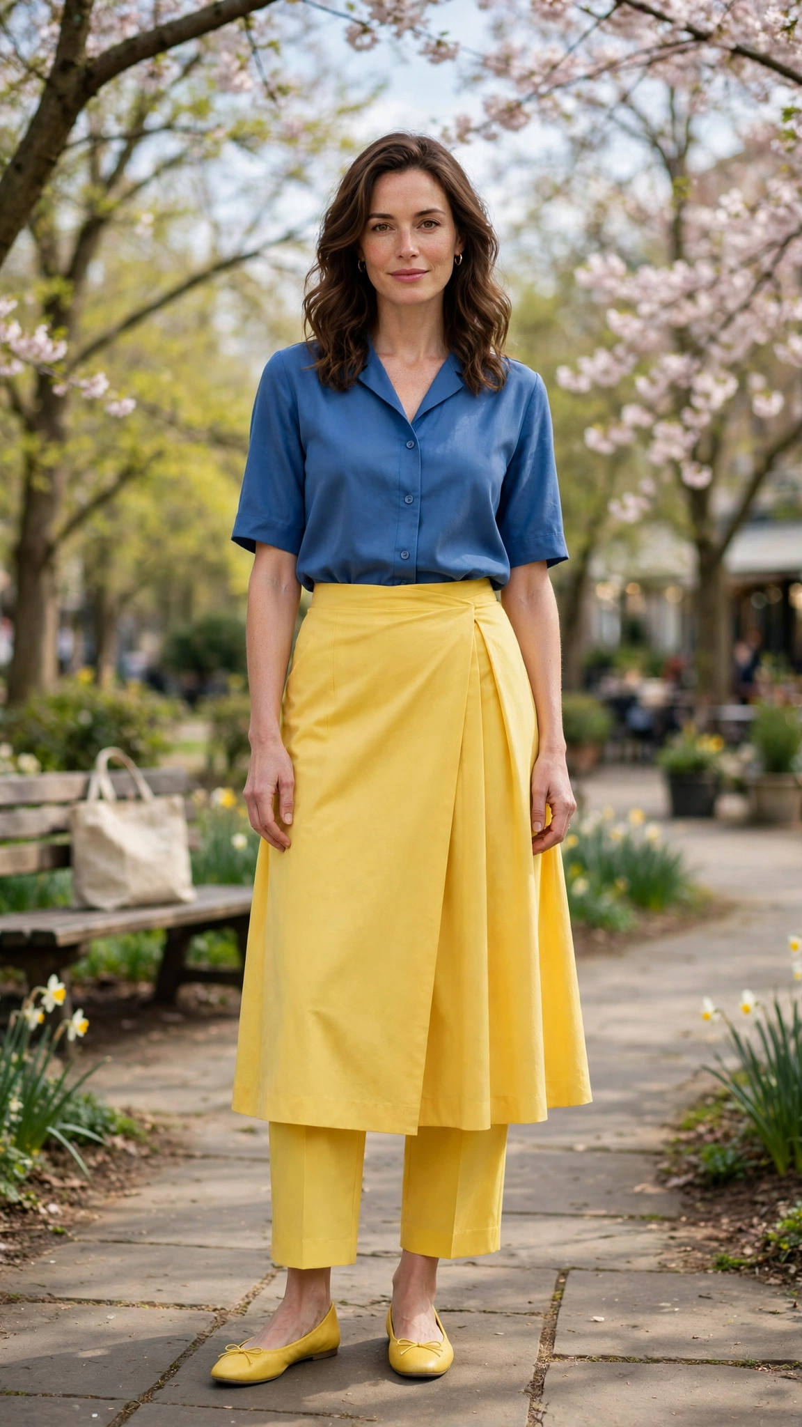 50 Blue and Yellow Colour Block Outfits for April Weekends That Are Fresh, Chic and Easy to Wear 43 Yellow and Blue Blue and Yellow Colour Block Outfit with a yellow midi skirt and ballet flats