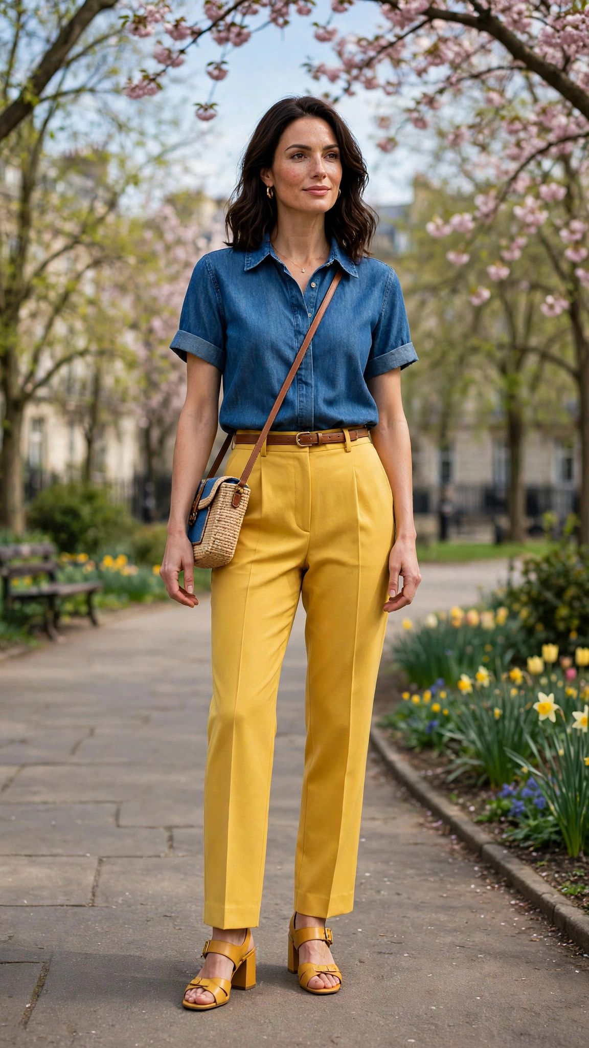 50 Blue and Yellow Colour Block Outfits for April Weekends That Are Fresh, Chic and Easy to Wear 47 Denim Blue and Saffron Blue and Yellow Colour Block Outfit with yellow tailored trousers and block-heel sandals