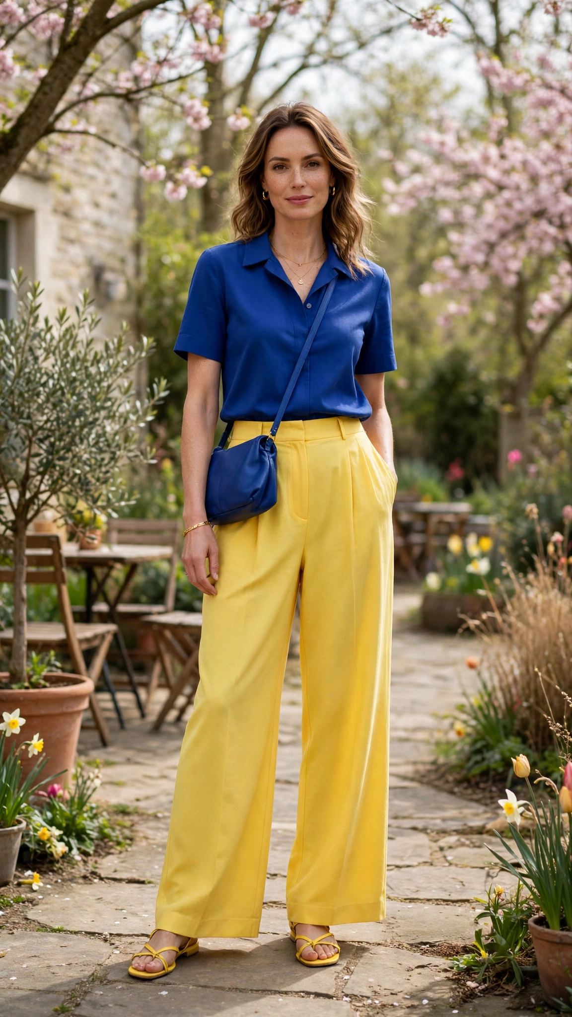 50 Blue and Yellow Colour Block Outfits for April Weekends That Are Fresh, Chic and Easy to Wear 48 Royal Blue and Sunshine Yellow Blue and Yellow Colour Block Outfit with yellow wide-leg trousers and sandals