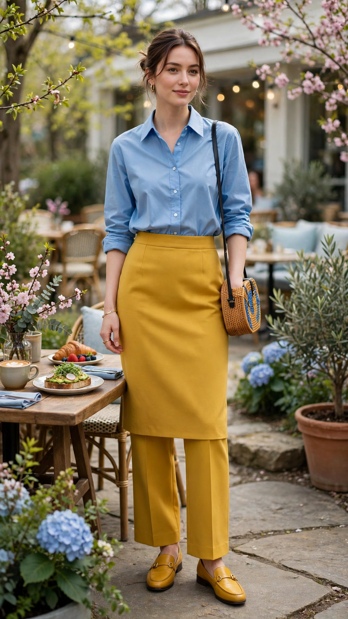50 Blue and Yellow Colour Block Outfits for April Weekends That Are Fresh, Chic and Easy to Wear 49 Sky Blue and Mustard Blue and Yellow Colour Block Outfit with a yellow pencil skirt and loafers