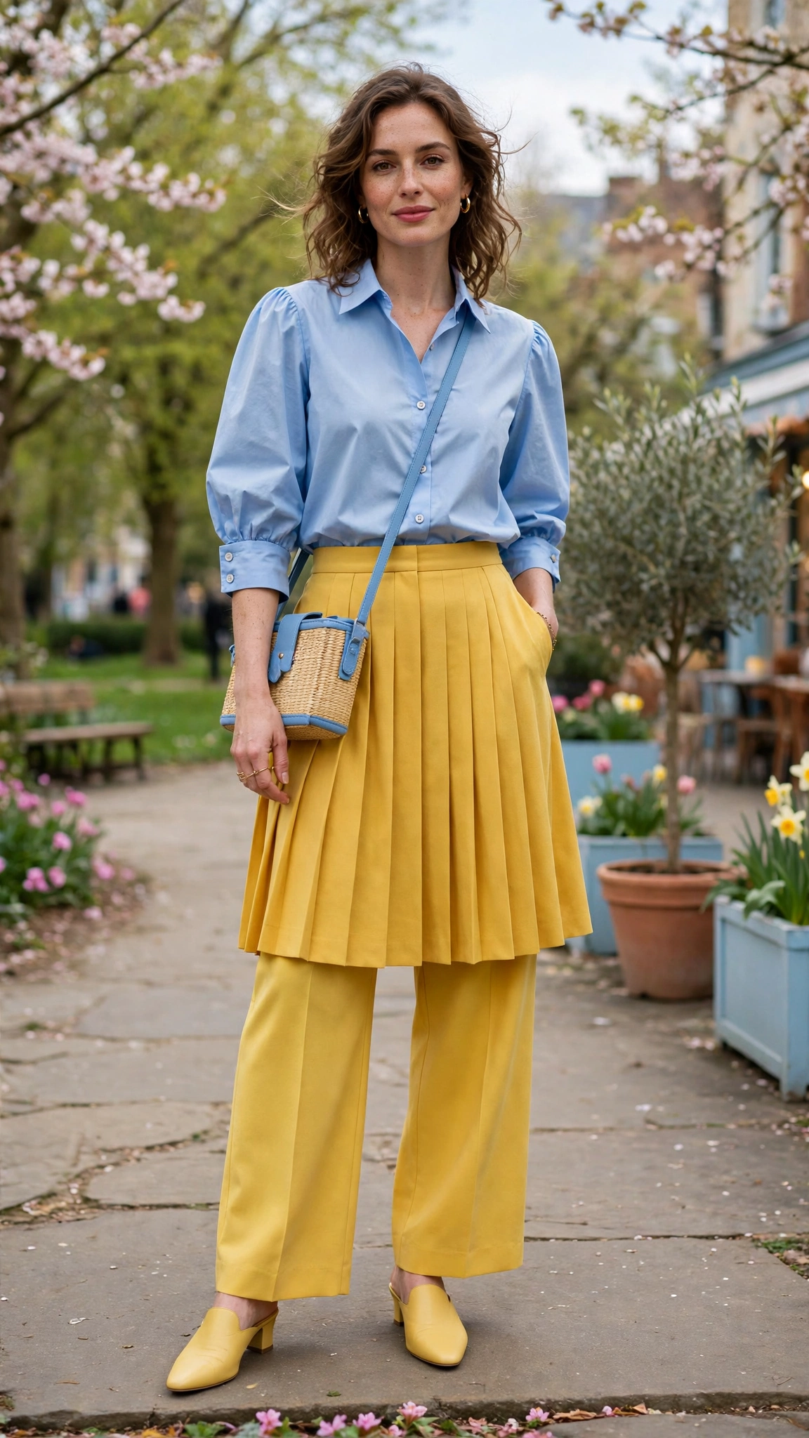 50 Blue and Yellow Colour Block Outfits for April Weekends That Are Fresh, Chic and Easy to Wear 51 Sky Blue and Mustard Blue and Yellow Colour Block Outfit with a yellow pleated skirt and mules