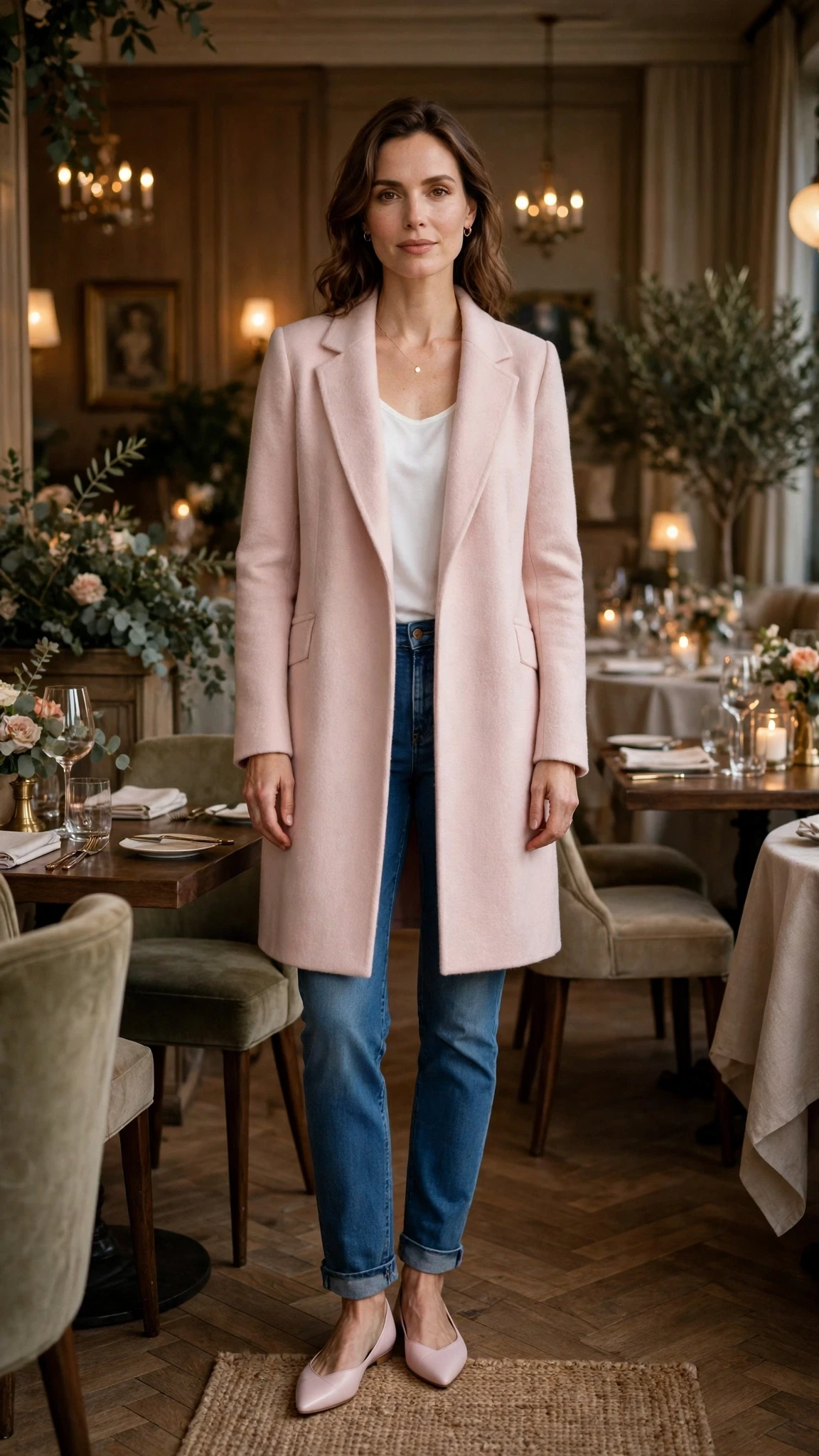 Pale pink coat and jeans outfit with elegant pointed flats and a delicate gold necklace