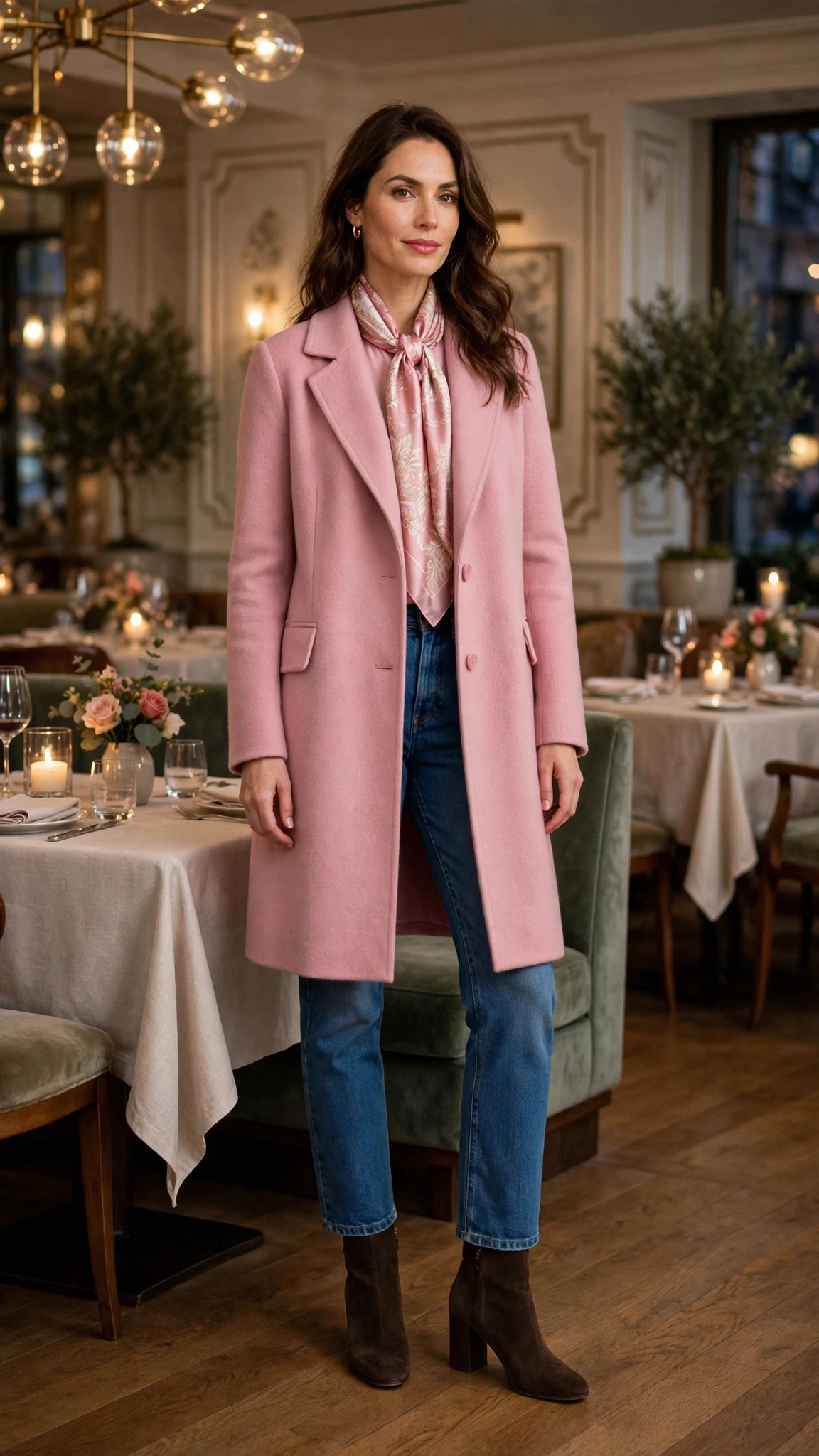 Rose pink coat and jeans outfit with block-heel ankle boots and a silk scarf