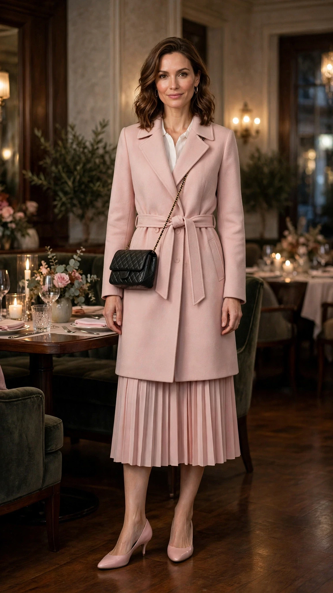 Blush pink coat and skirt outfit with kitten heels and a chic crossbody bag