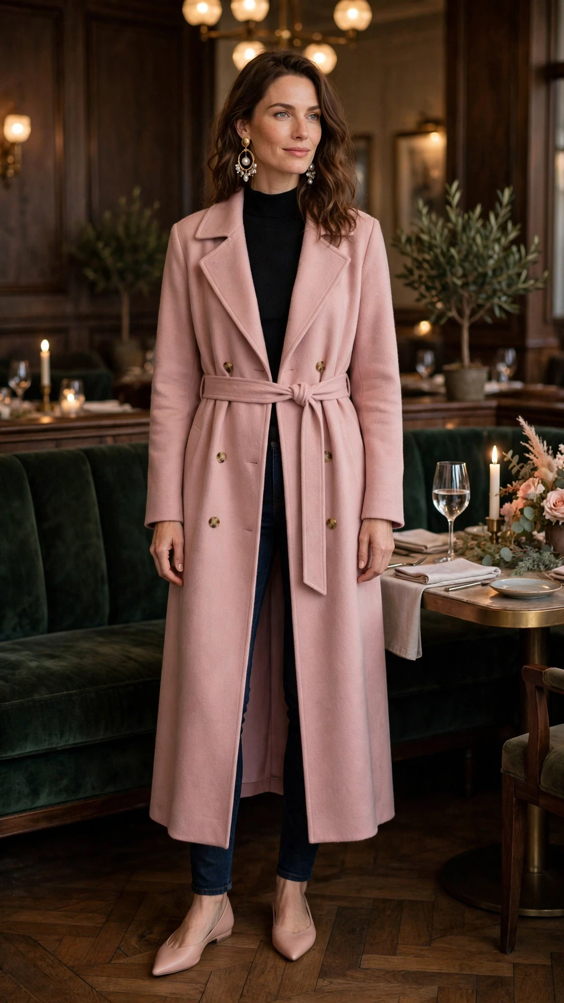 Dusty pink long coat outfit with dark jeans, elegant pointed flats and statement earrings