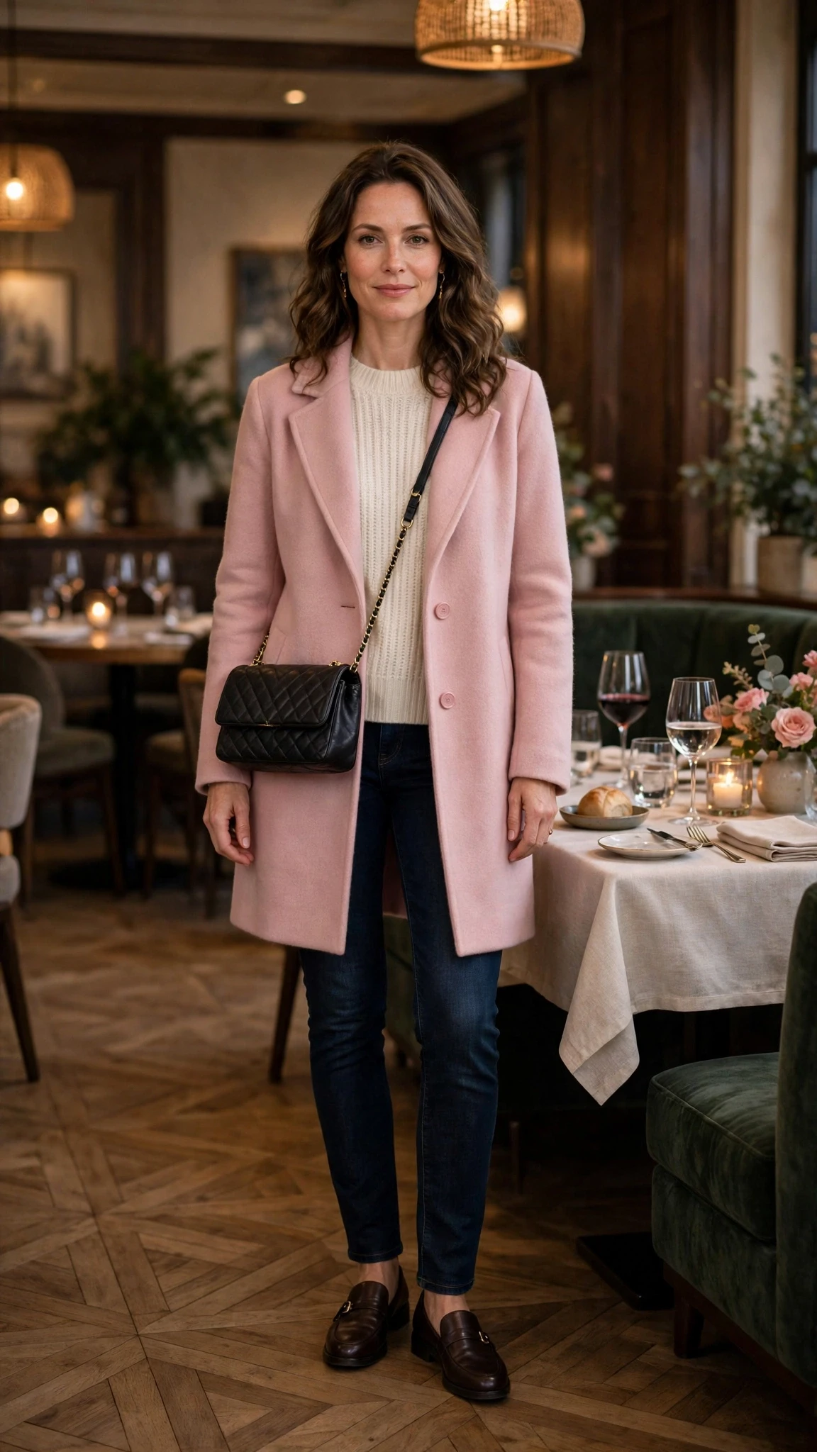 Soft pink coat and knit outfit with dark jeans, smart loafers and a chic crossbody bag