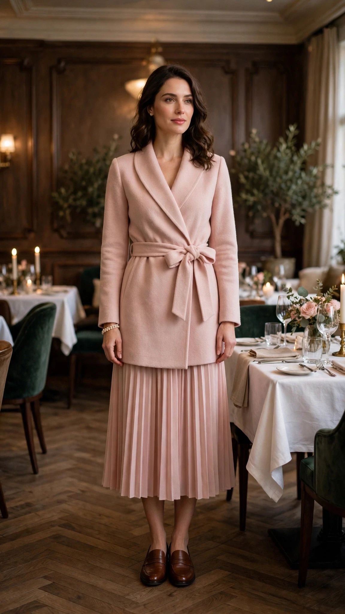 Blush pink wrap coat outfit with a midi skirt, smart loafers and a pearl bracelet