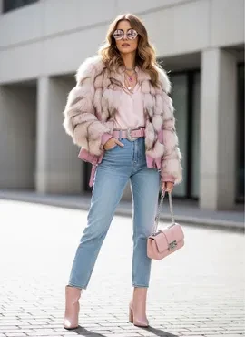 Rose pink coat and jeans outfit with leather ankle boots and a pearl bracelet