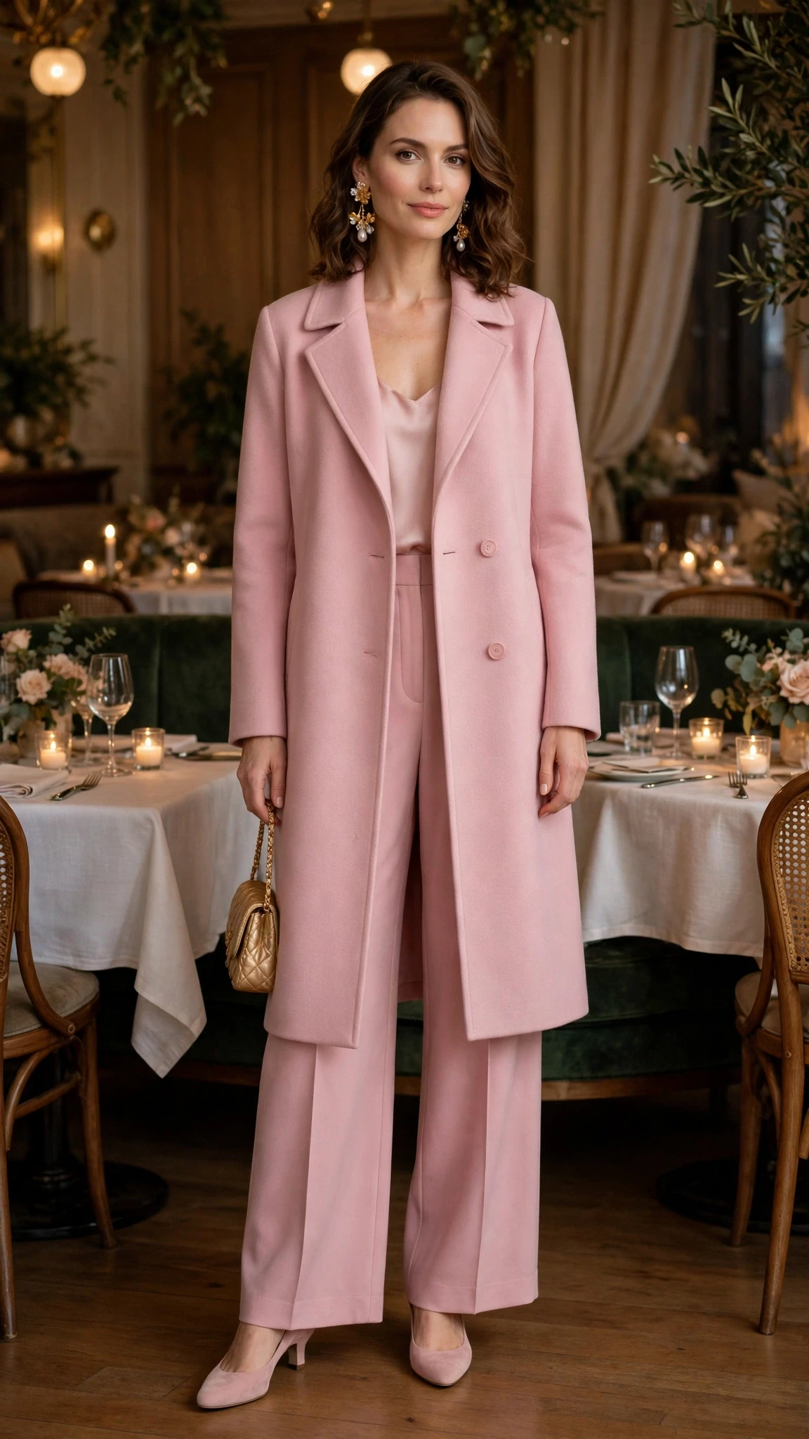 Soft pink coat and wide-leg trouser outfit with low-heeled pumps and statement earrings