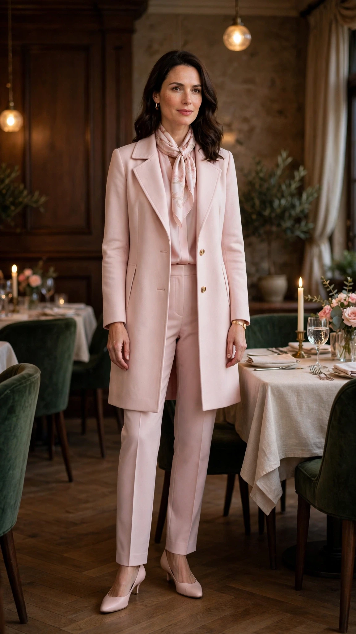 Pale pink coat and straight trouser outfit with kitten heels and a silk scarf