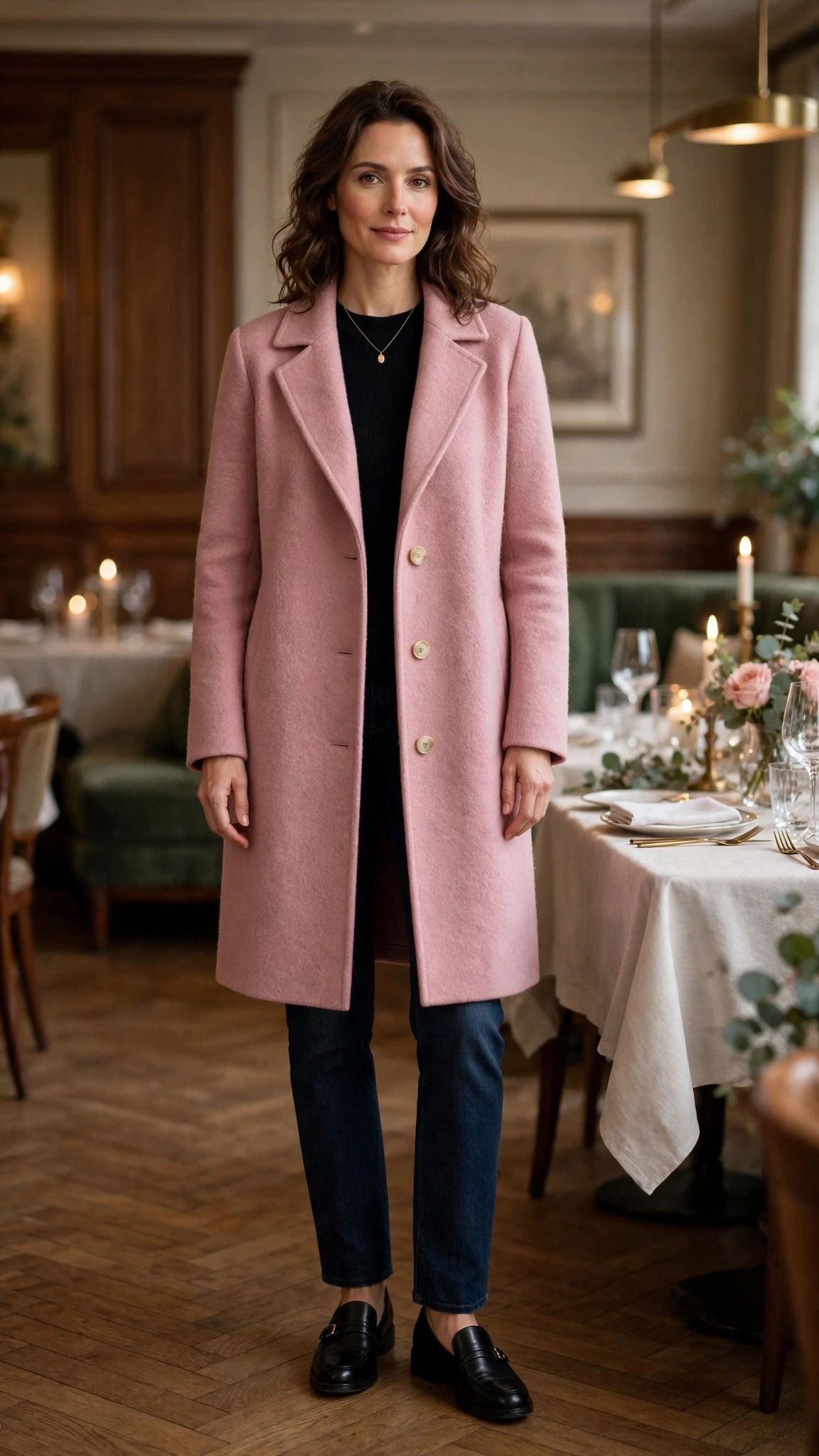 Dusty pink wool coat outfit with dark jeans, smart loafers and a delicate gold necklace