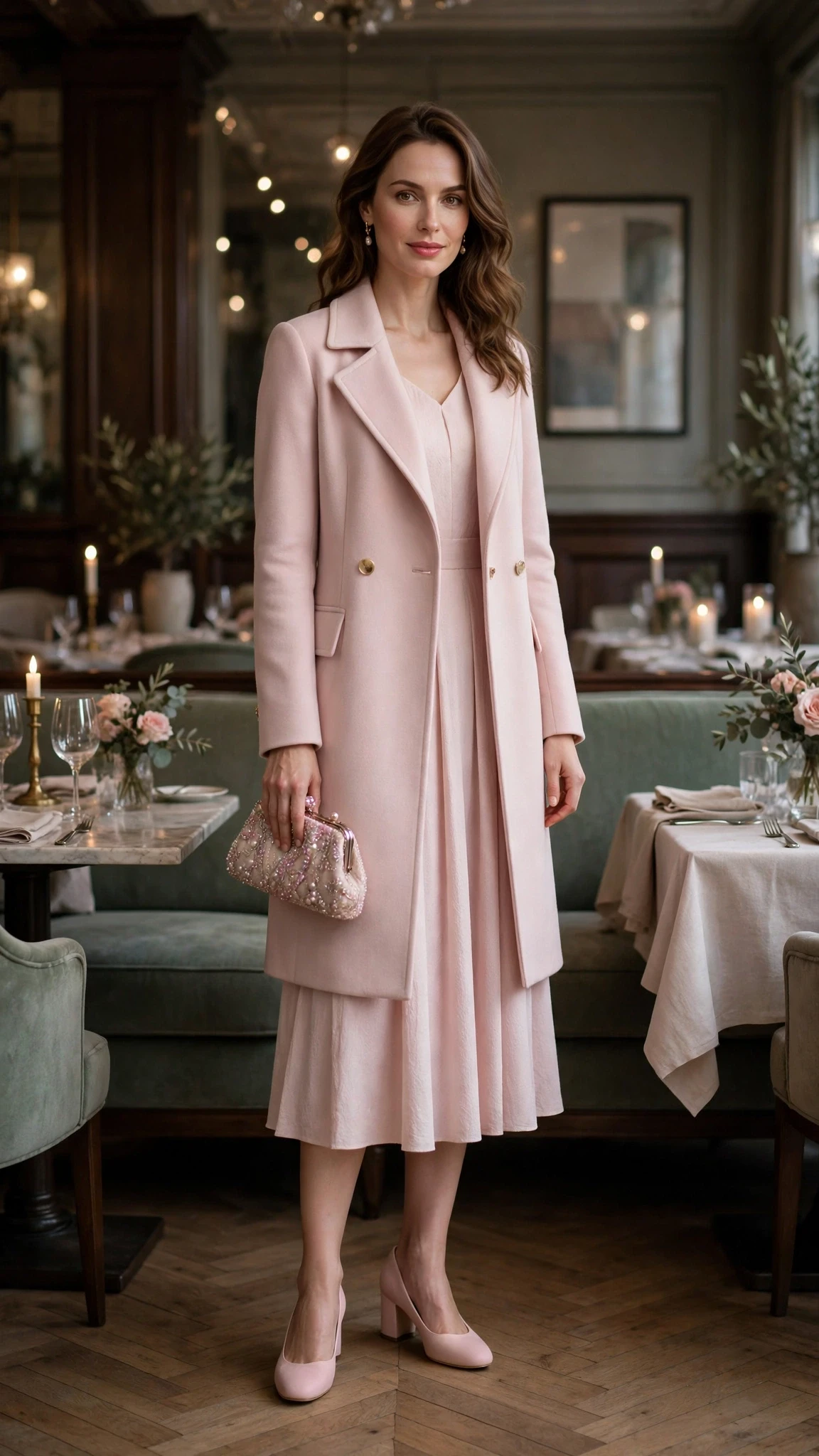 Pale pink coat and dress outfit with comfortable block heels and a beaded clutch