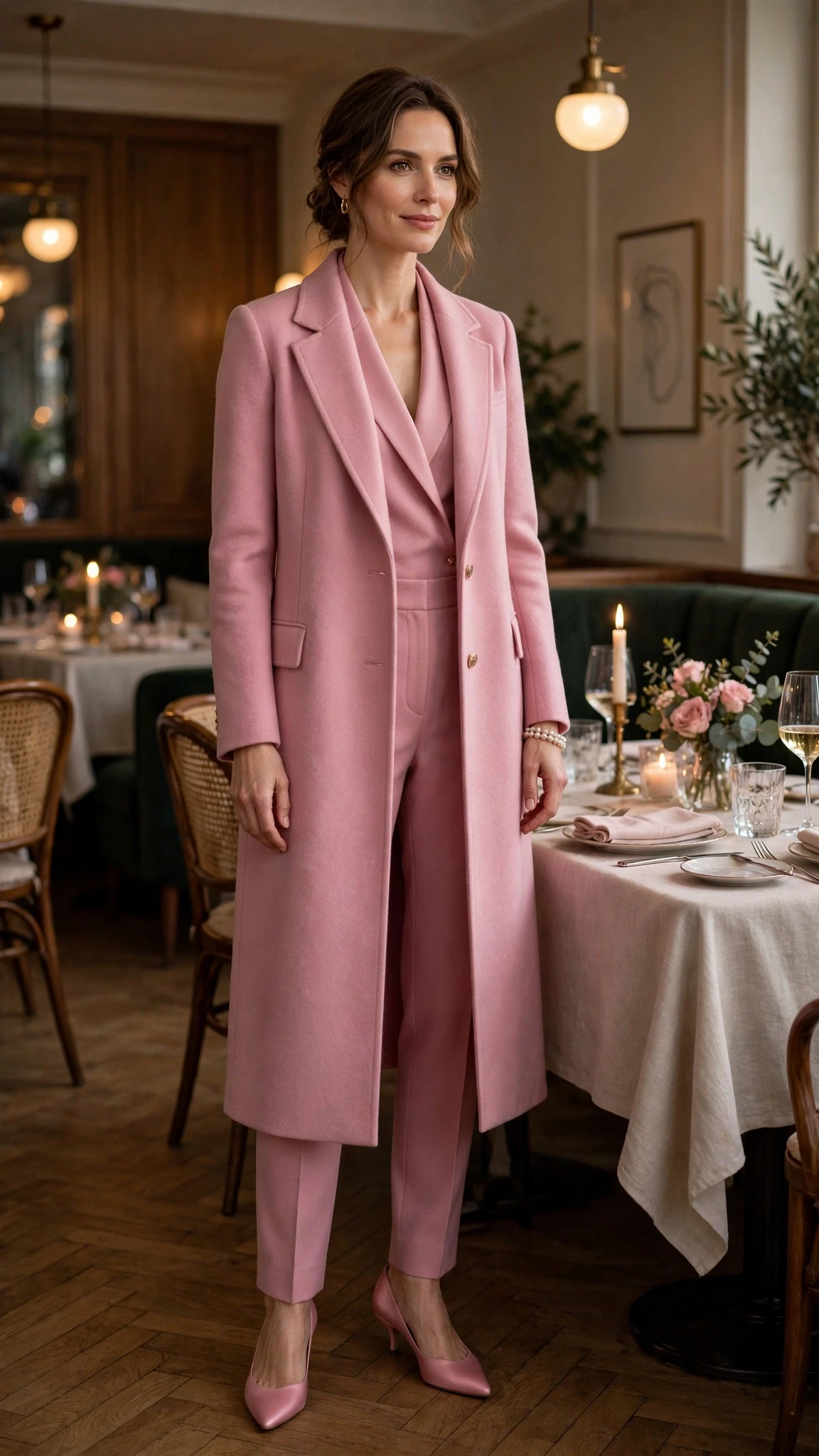Rose pink long coat outfit with tailored trousers, kitten heels and a pearl bracelet