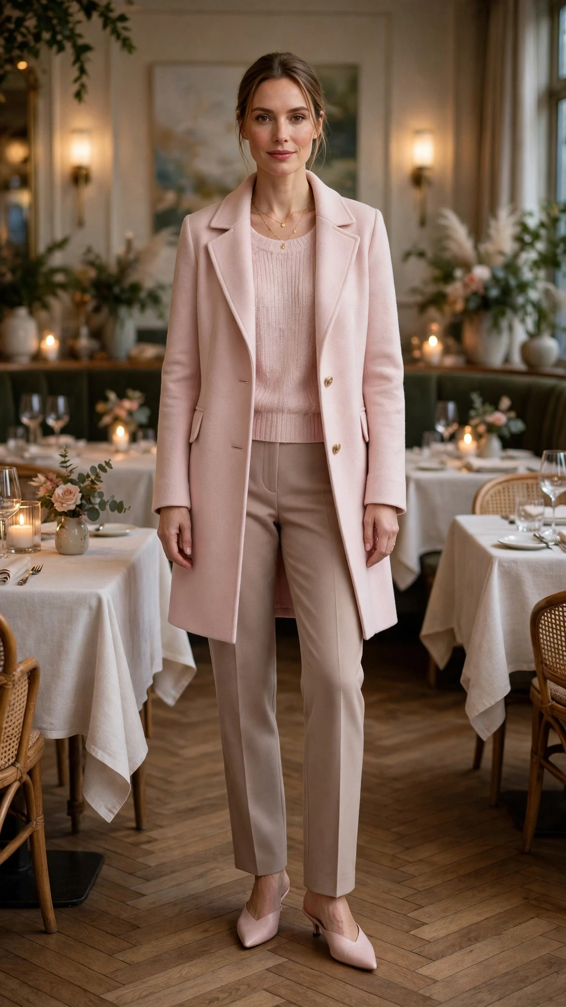 Pale pink coat and knit outfit with straight-leg trousers, pointed mules and a delicate gold necklace