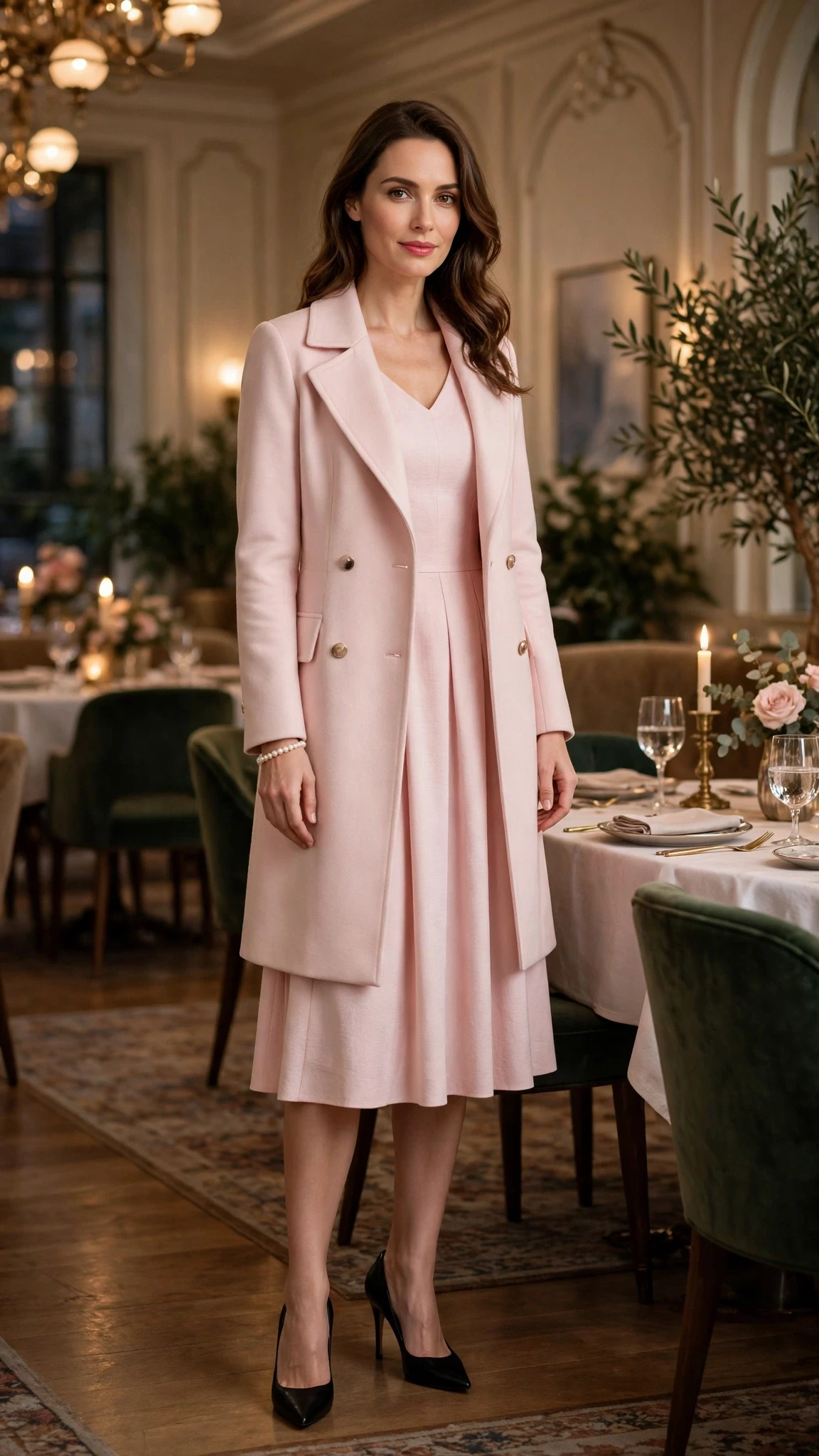 Pale pink coat and dress outfit with black pointed heels and a pearl bracelet