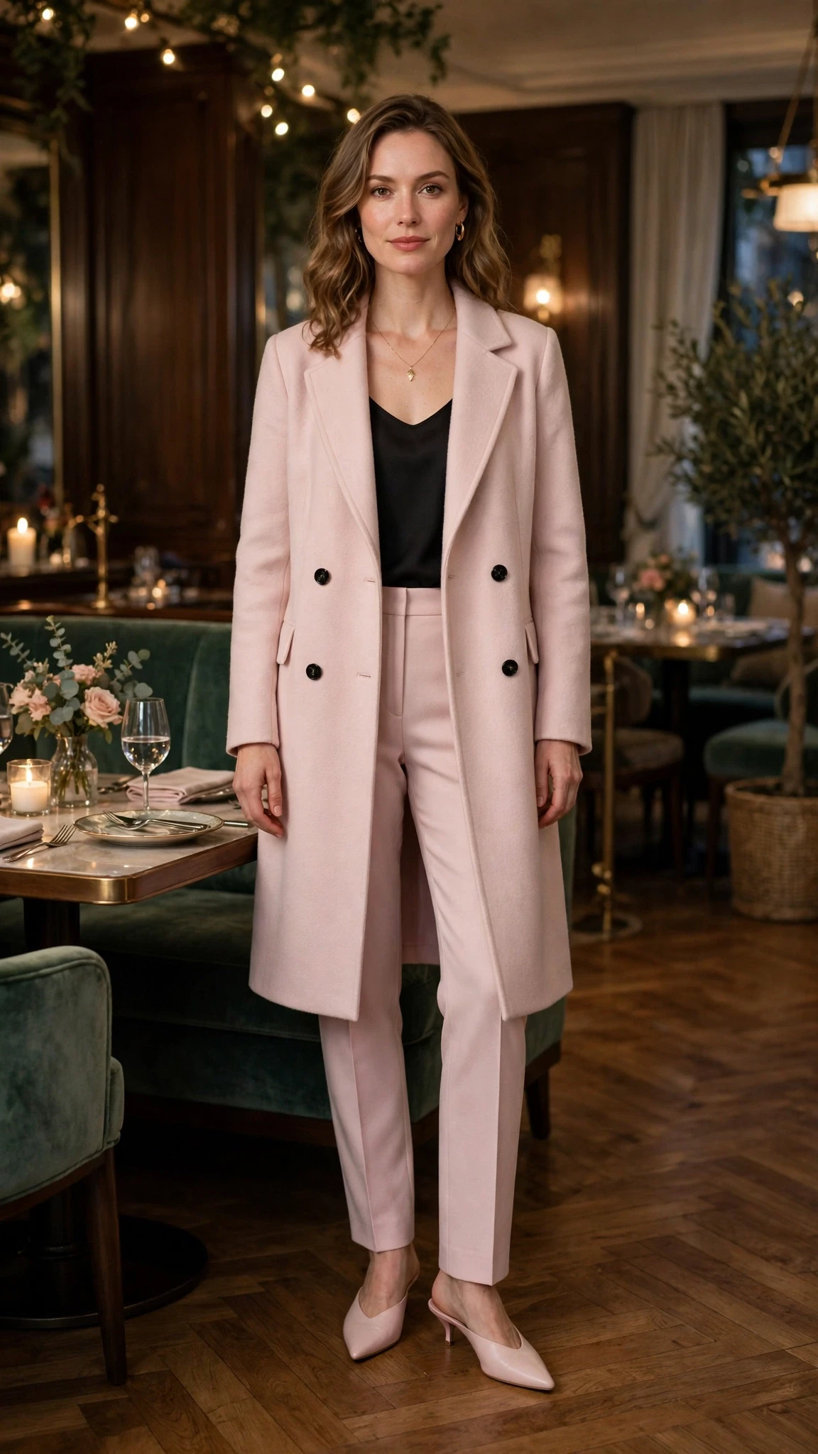 Pale pink wool coat outfit with tailored trousers, pointed mules and a delicate gold necklace