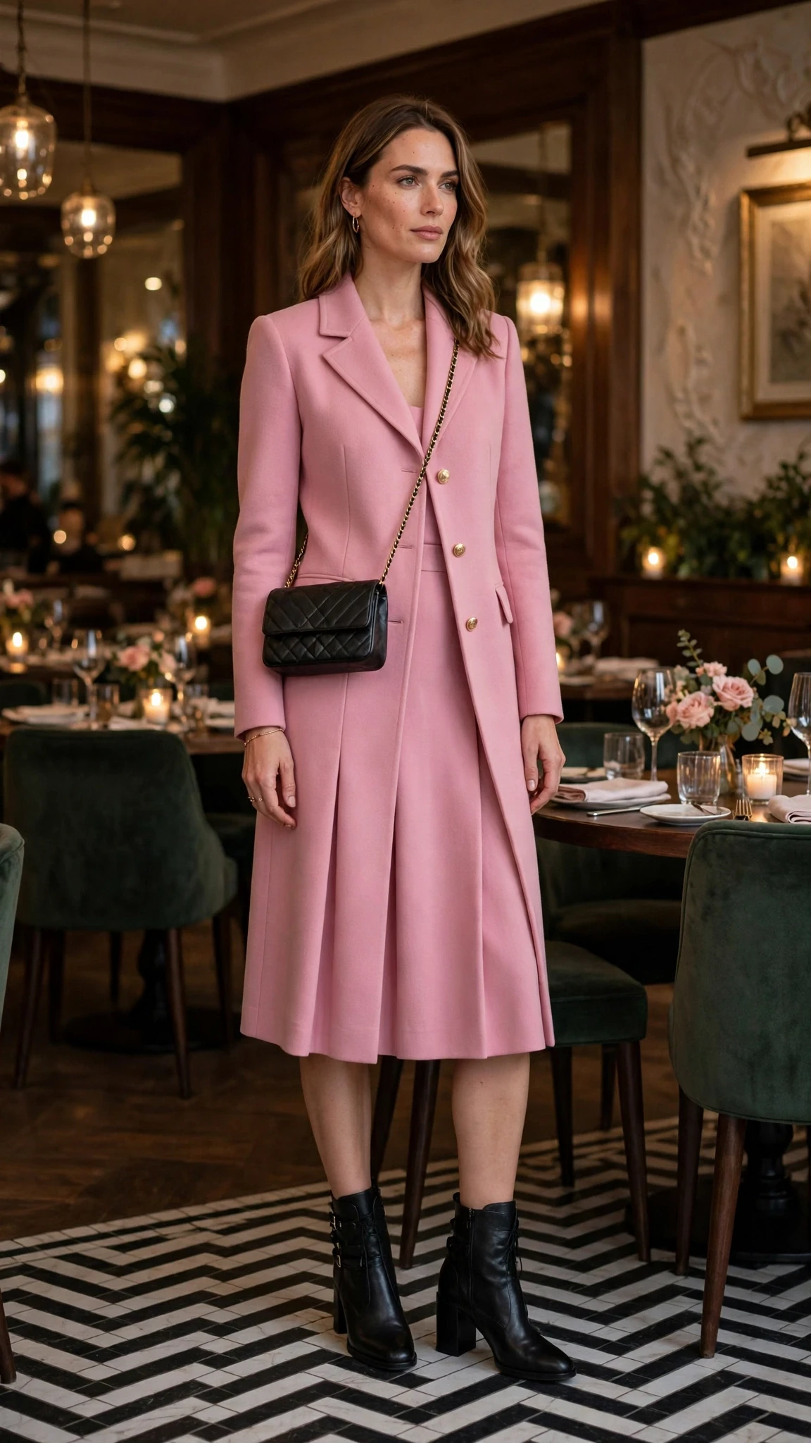Rose pink tailored coat outfit with a knee-length skirt, block-heel ankle boots and a chic crossbody bag