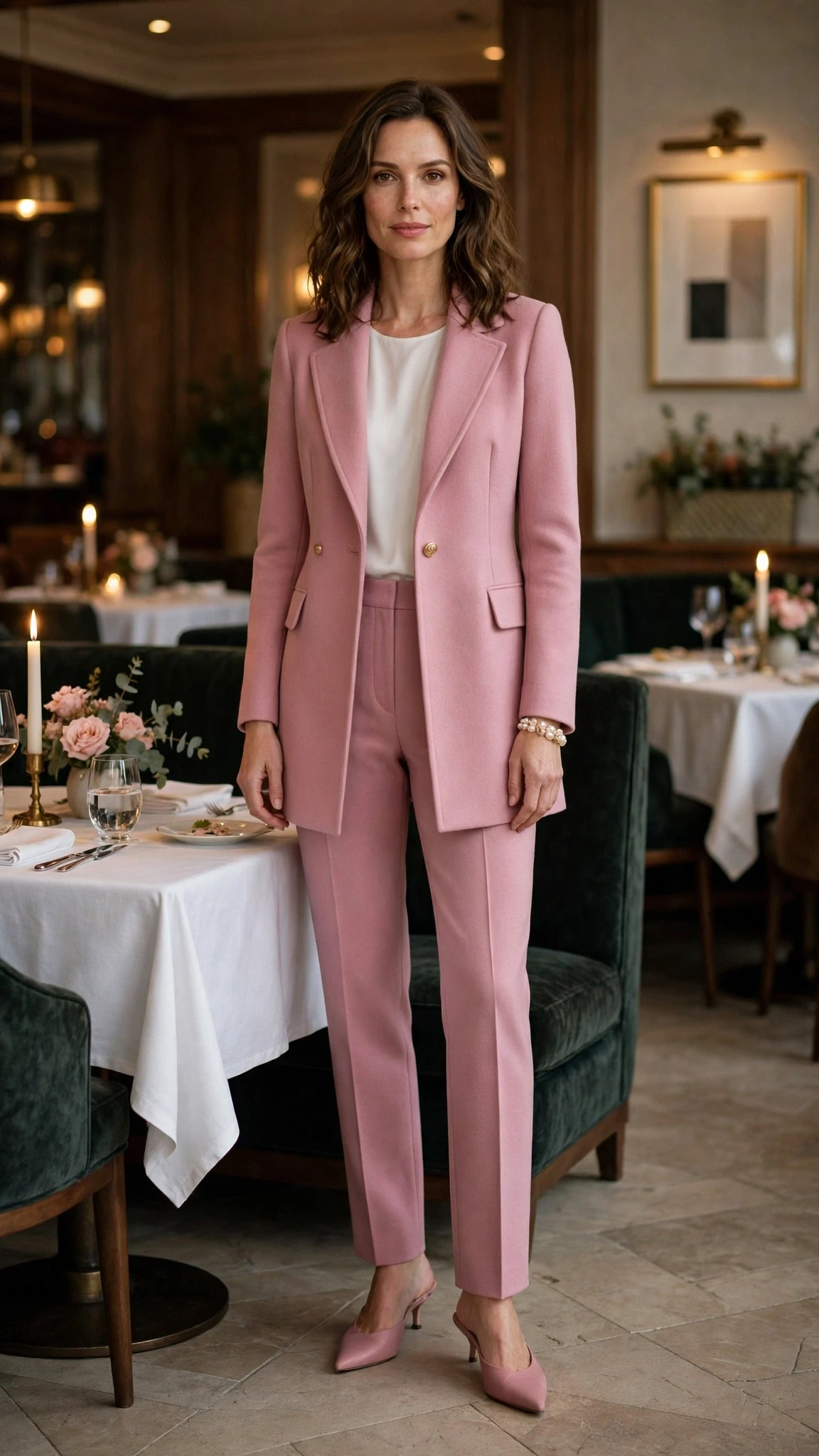 Dusty pink tailored coat outfit with straight-leg trousers, pointed mules and a pearl bracelet