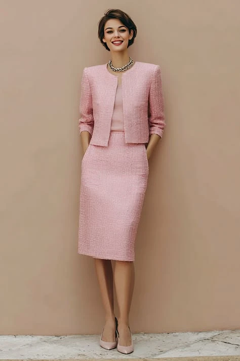 Rose pink wrap coat outfit with a knee-length skirt, low-heeled pumps and a pearl bracelet