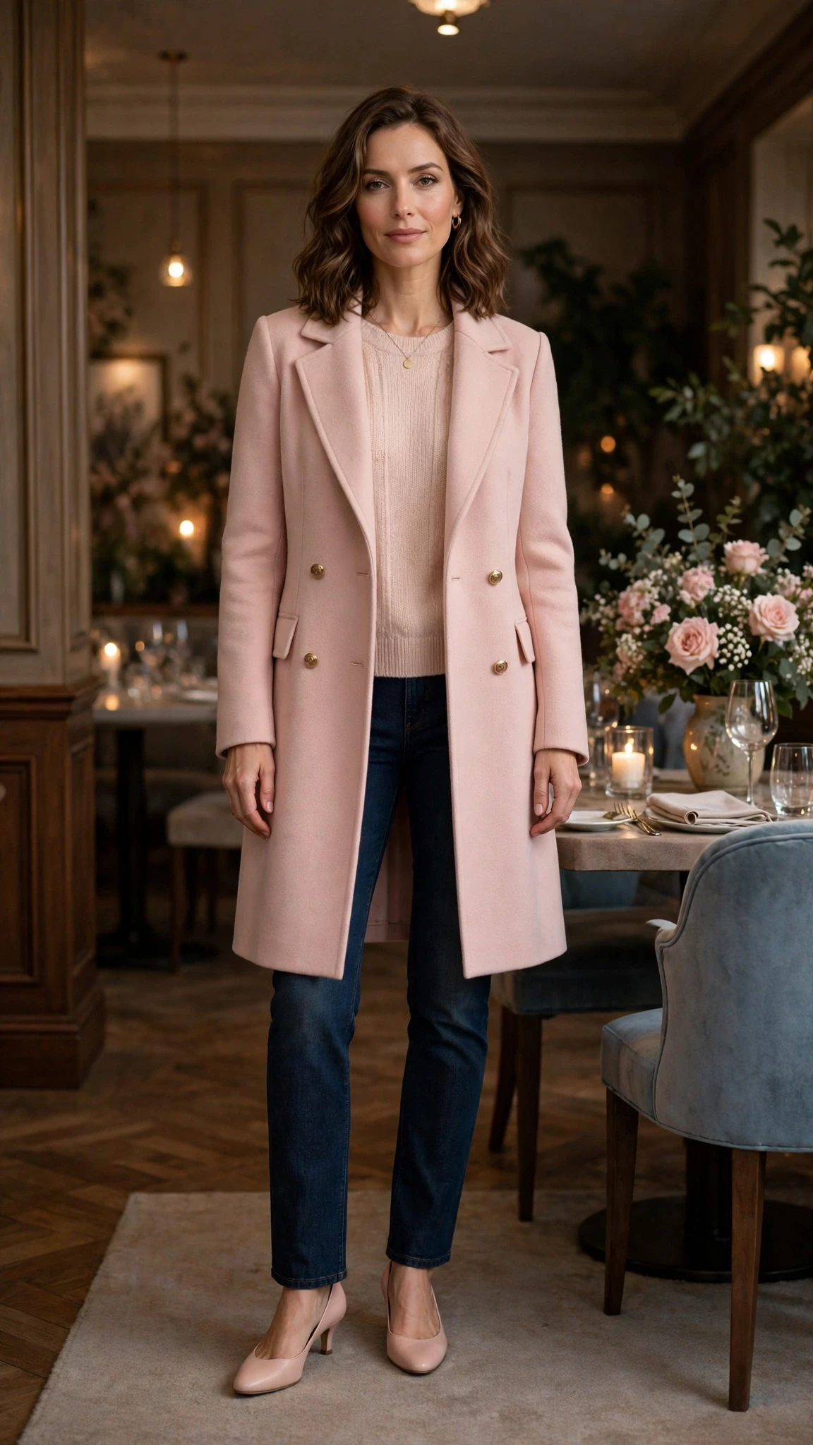 Blush pink coat and knit outfit with dark jeans, low-heeled pumps and a delicate gold necklace