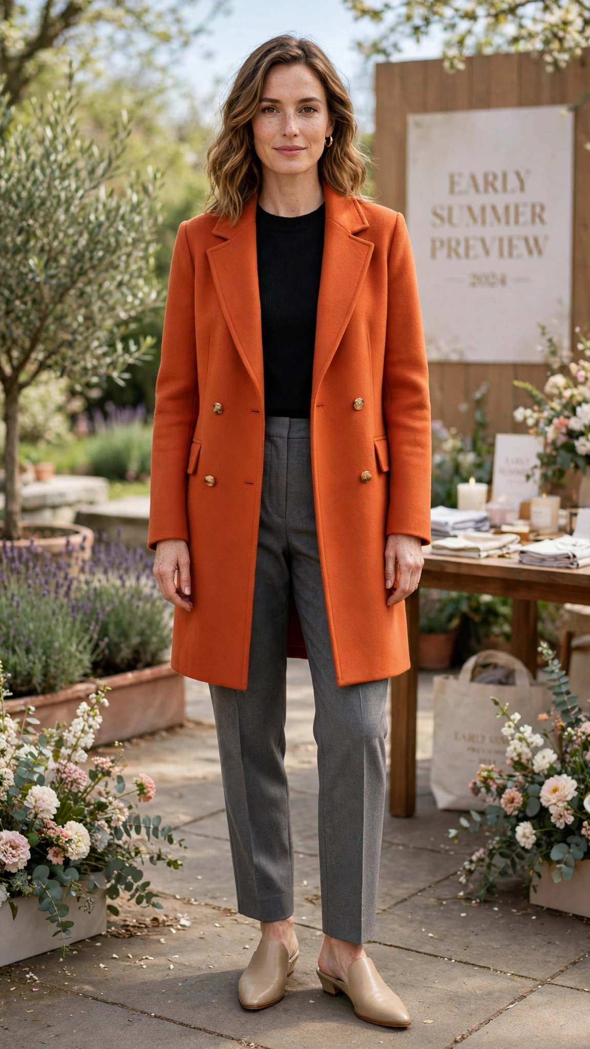 Terracotta Bright Orange Coat Outfit with grey tailored trousers and mules