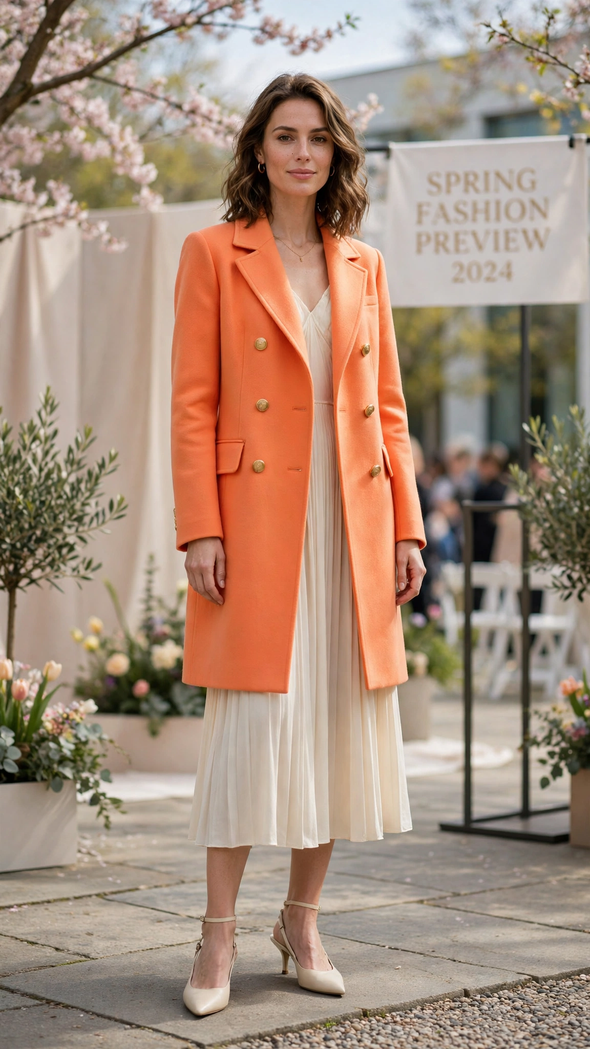 Peach Orange Bright Orange Coat Outfit with a cream midi dress and slingbacks
