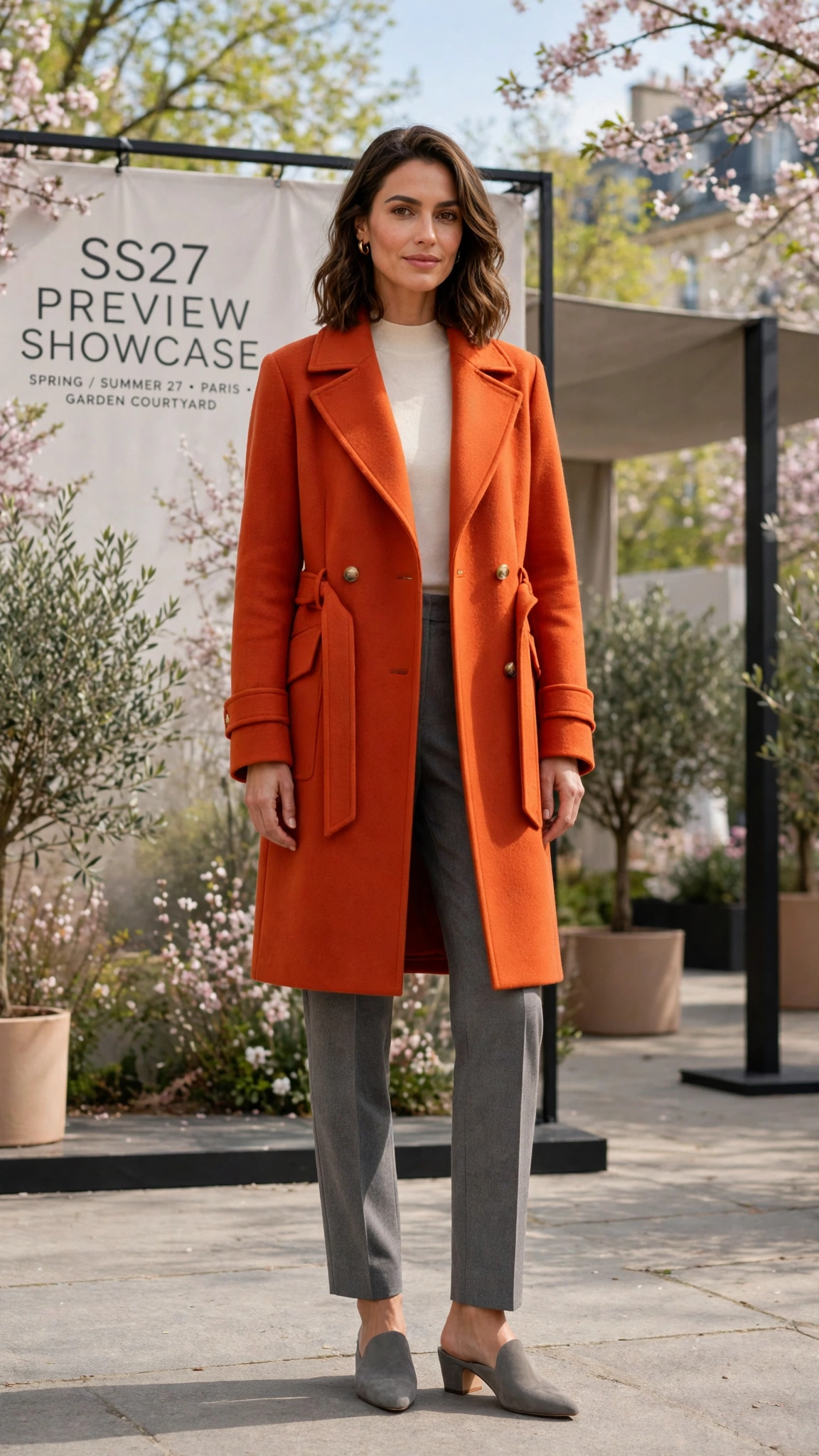 Rust Orange Bright Orange Coat Outfit with grey tailored trousers and mules
