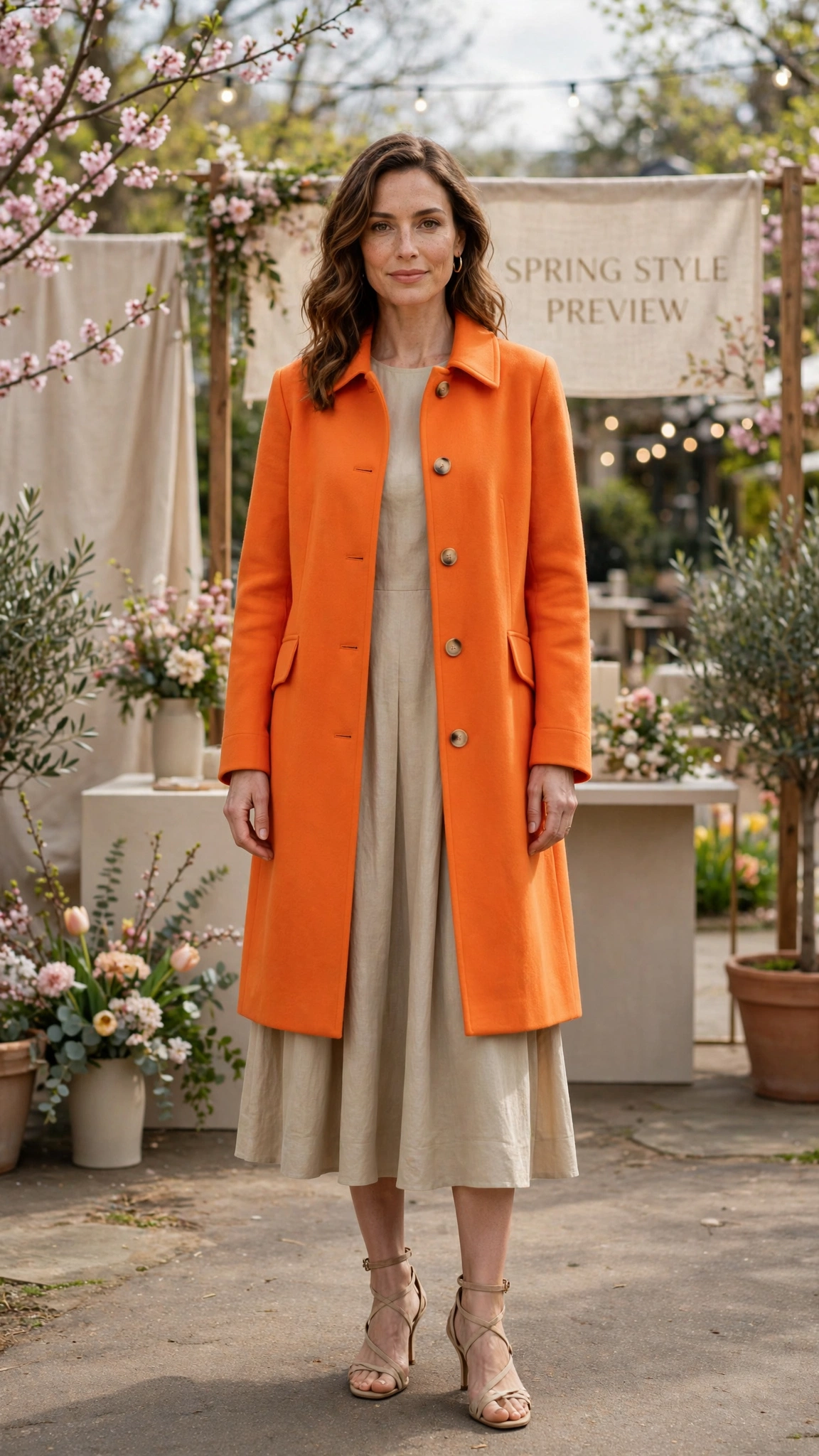Papaya Bright Orange Coat Outfit with a beige dress and strappy sandals