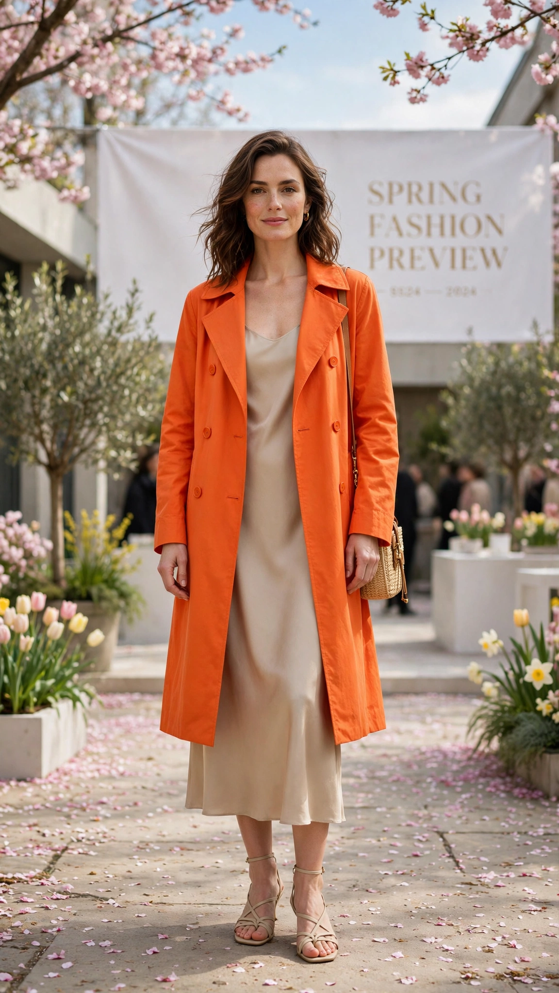 Bright Orange Bright Orange Coat Outfit with a beige dress and strappy sandals