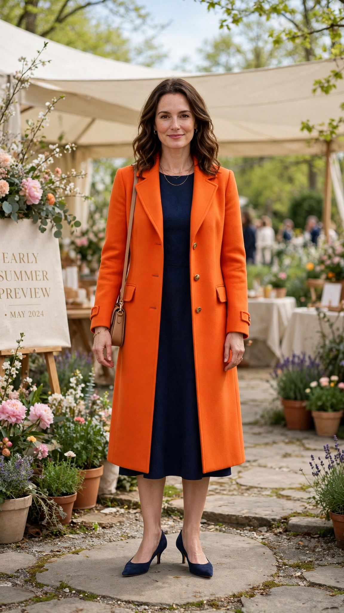 Clementine Bright Orange Coat Outfit with a navy dress and kitten heels