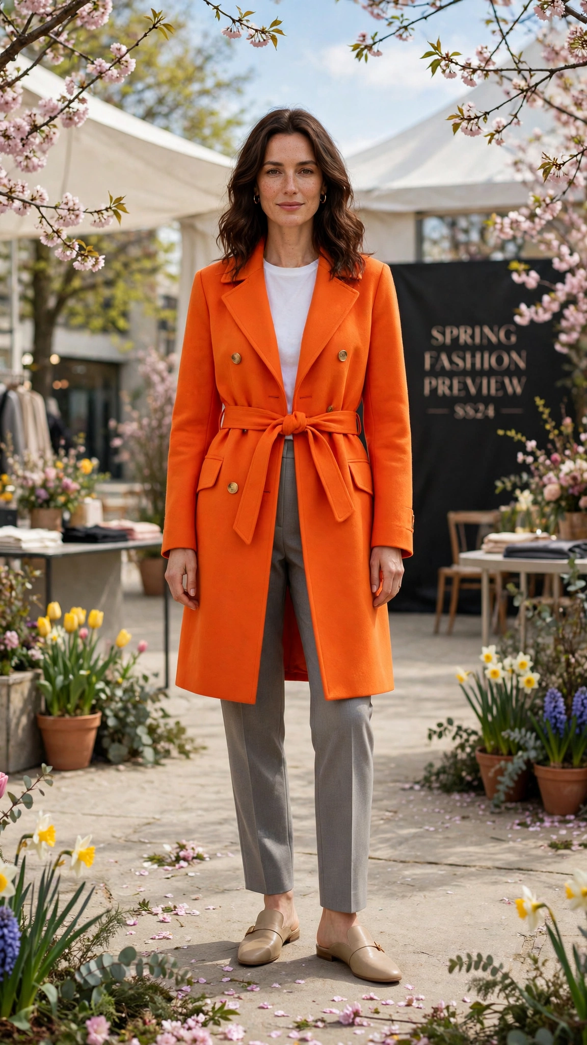 Bright Orange Bright Orange Coat Outfit with grey tailored trousers and mules