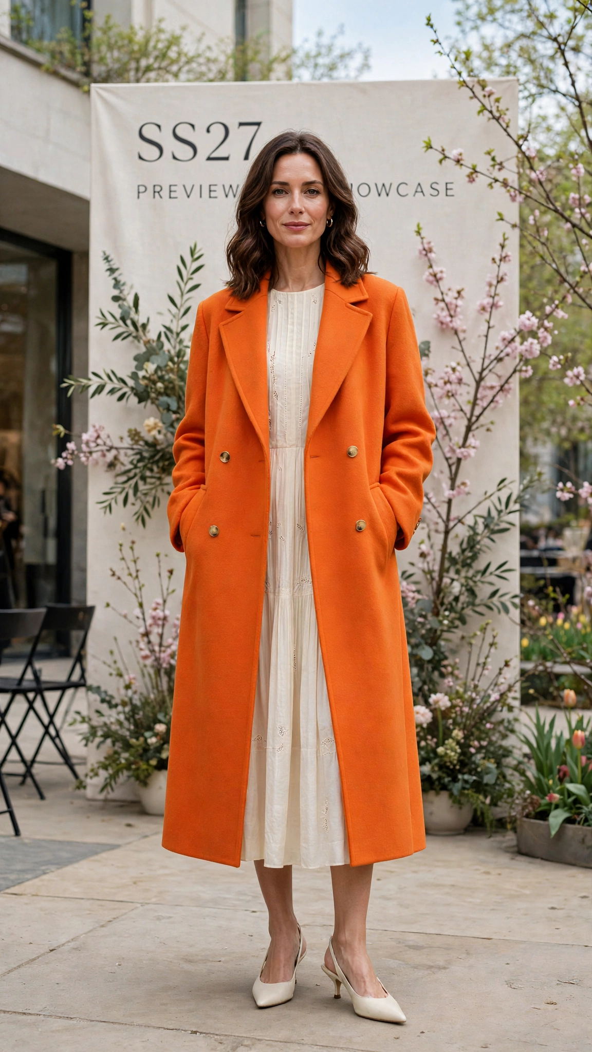 Clementine Bright Orange Coat Outfit with a cream midi dress and slingbacks
